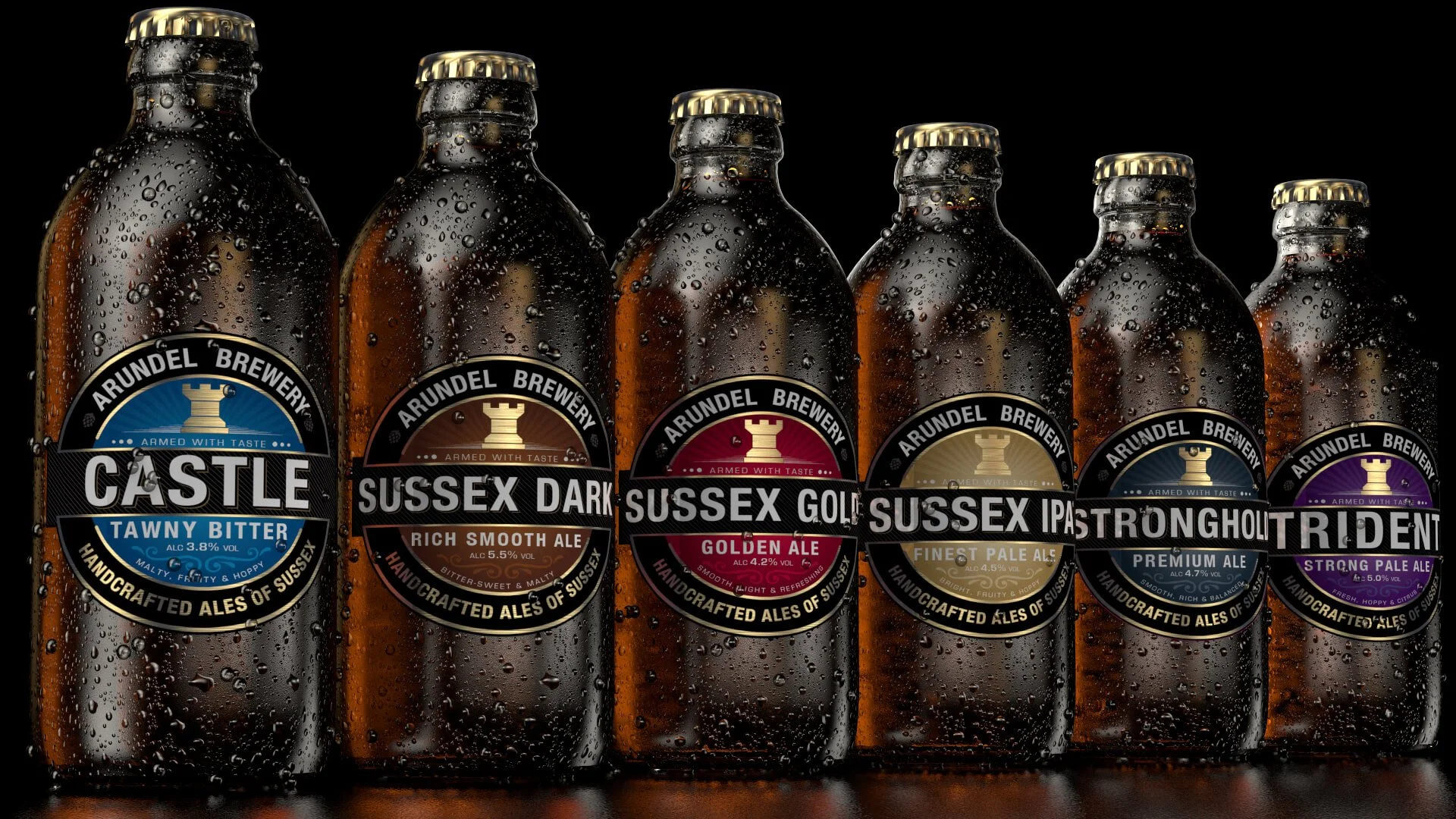 3D Visualising – Hero render of Arundel Brewery ale bottle lineup with condensation for a chilled and premium product appearance.