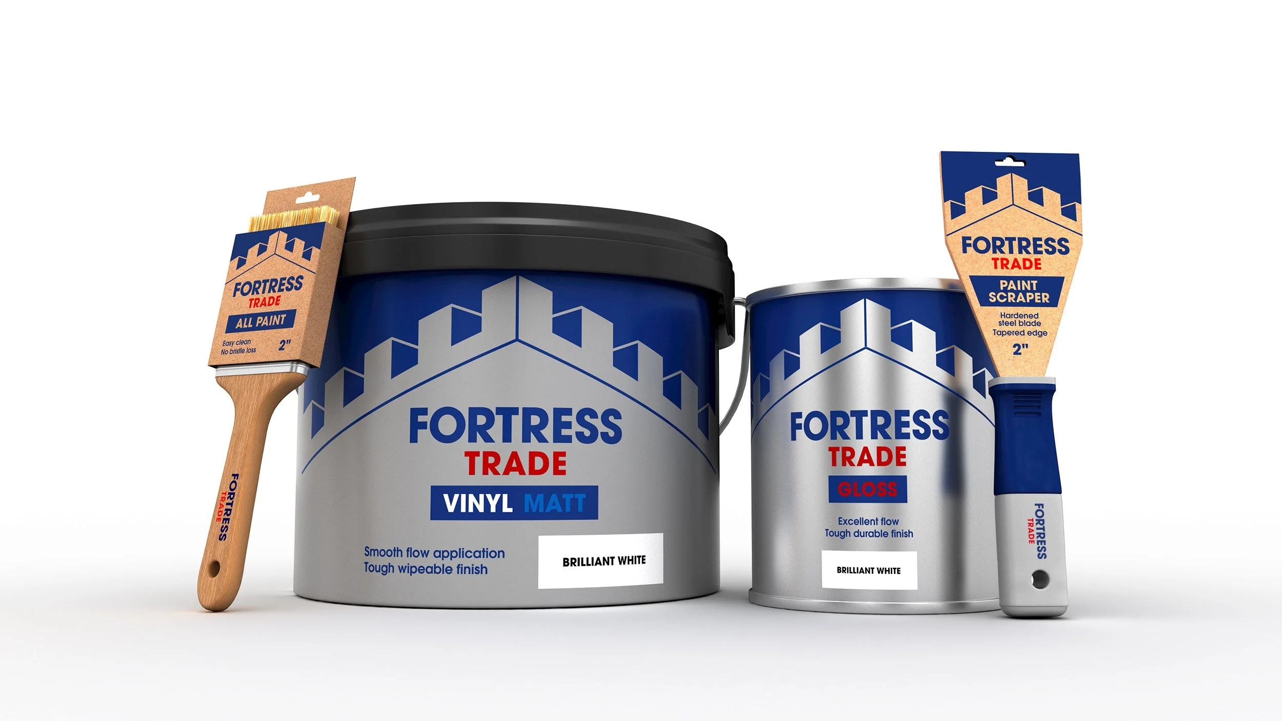 3D render of Fortress Trade vinyl matt and gloss paint tubs in brilliant white with a wooden paintbrush and blue-handled paint scraper.