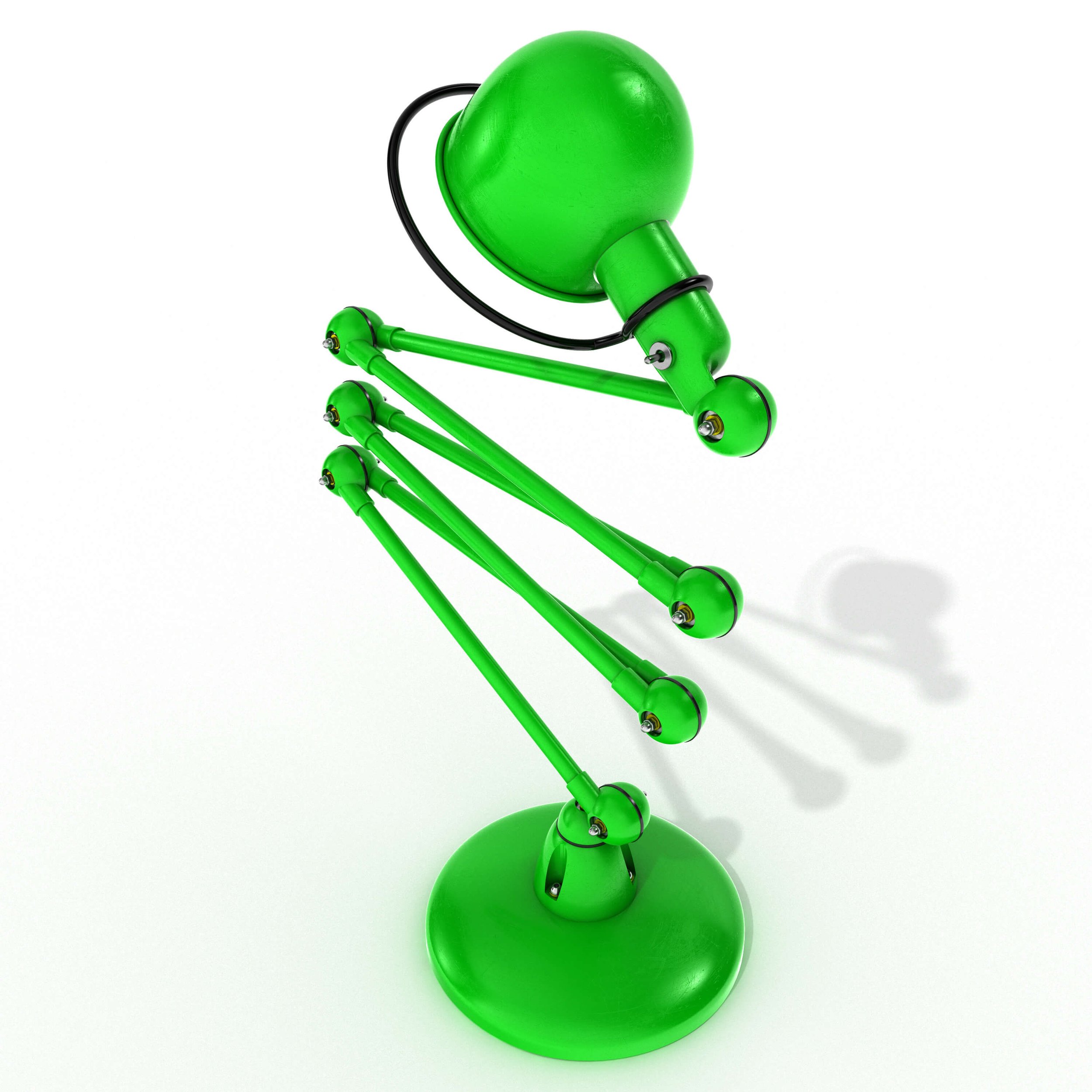 Close-up render of the upper arm and lamp head from an overhead perspective, highlighting the industrial joints.