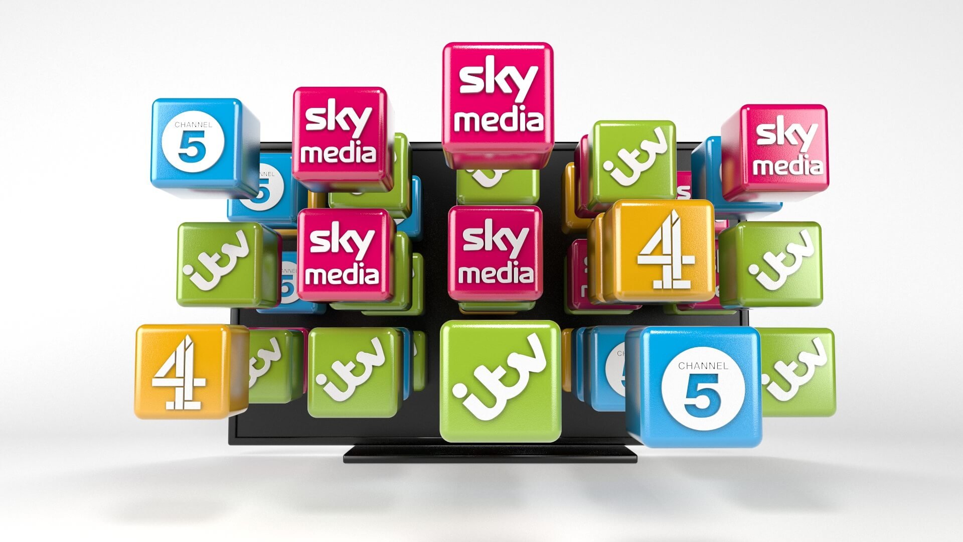 3D render of floating colourful cubes featuring UK TV channel logos like Sky, ITV and Channel 4, designed as a bold, brand-forward visual.
