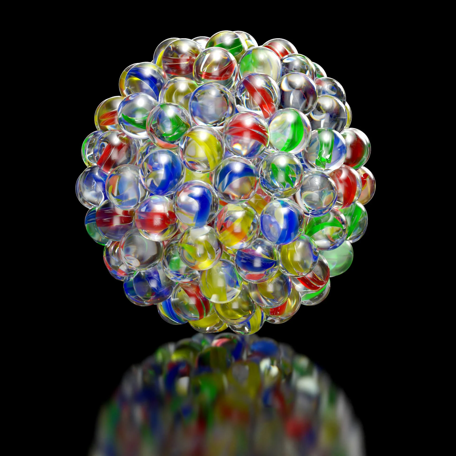 Photorealistic render of a spherical cluster of multicoloured glass marbles with a high-gloss finish and dramatic reflections on a black background.
