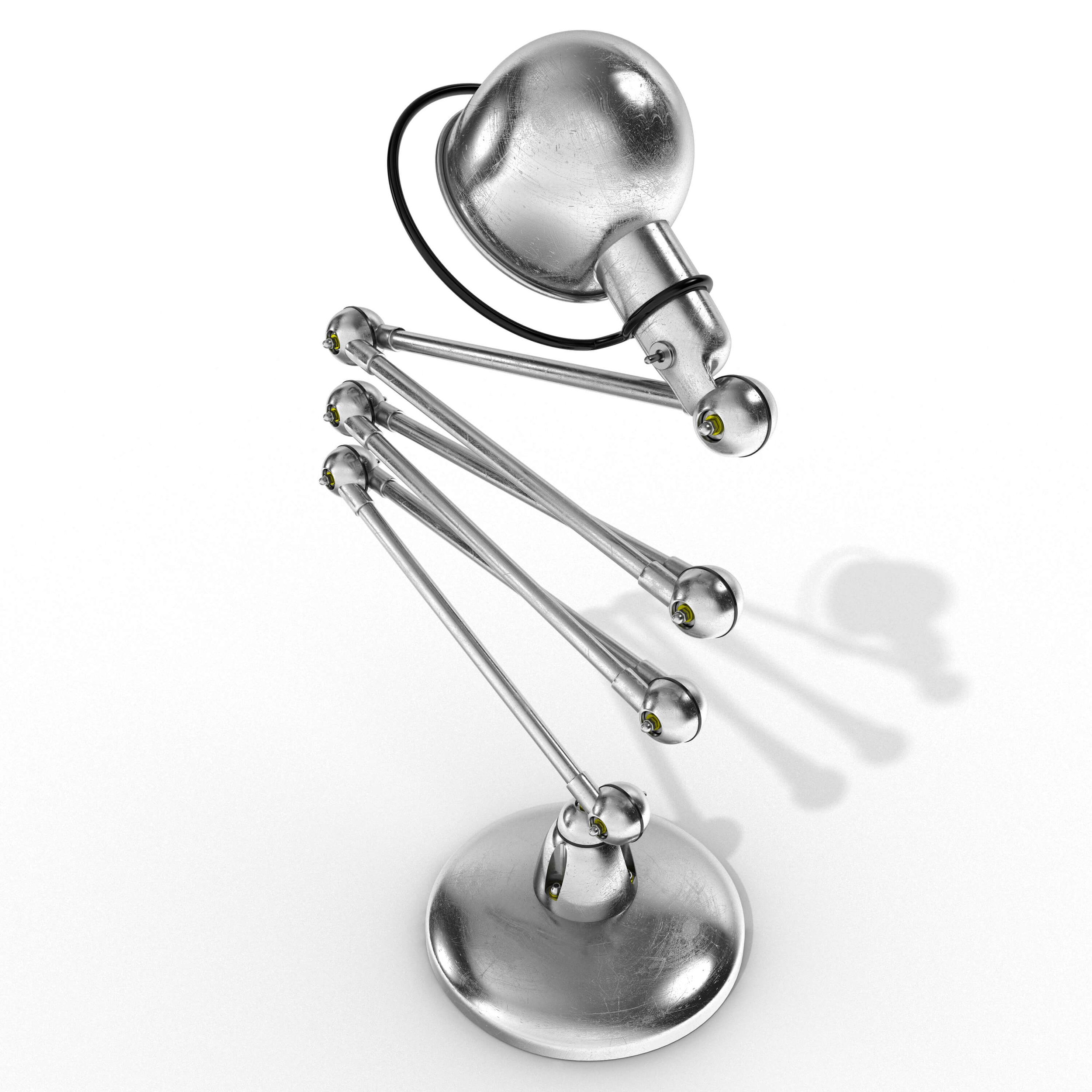Close-up render of the upper arm and lamp head from an overhead perspective, highlighting the industrial joints.