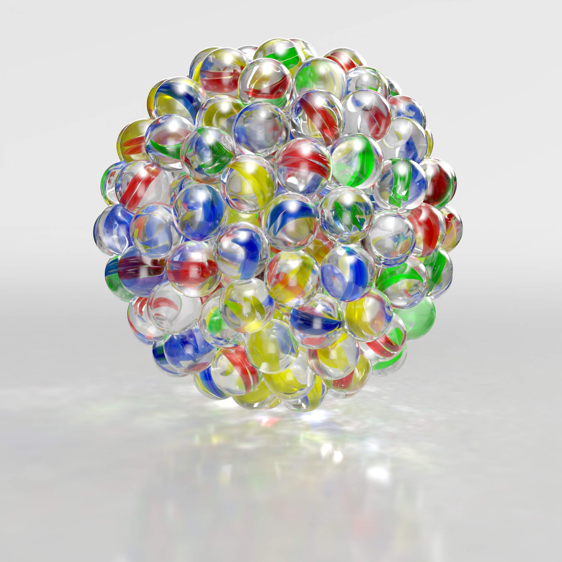 3D visual of multicoloured marbles forming a sphere, illustrating light refraction and caustics on a white background.