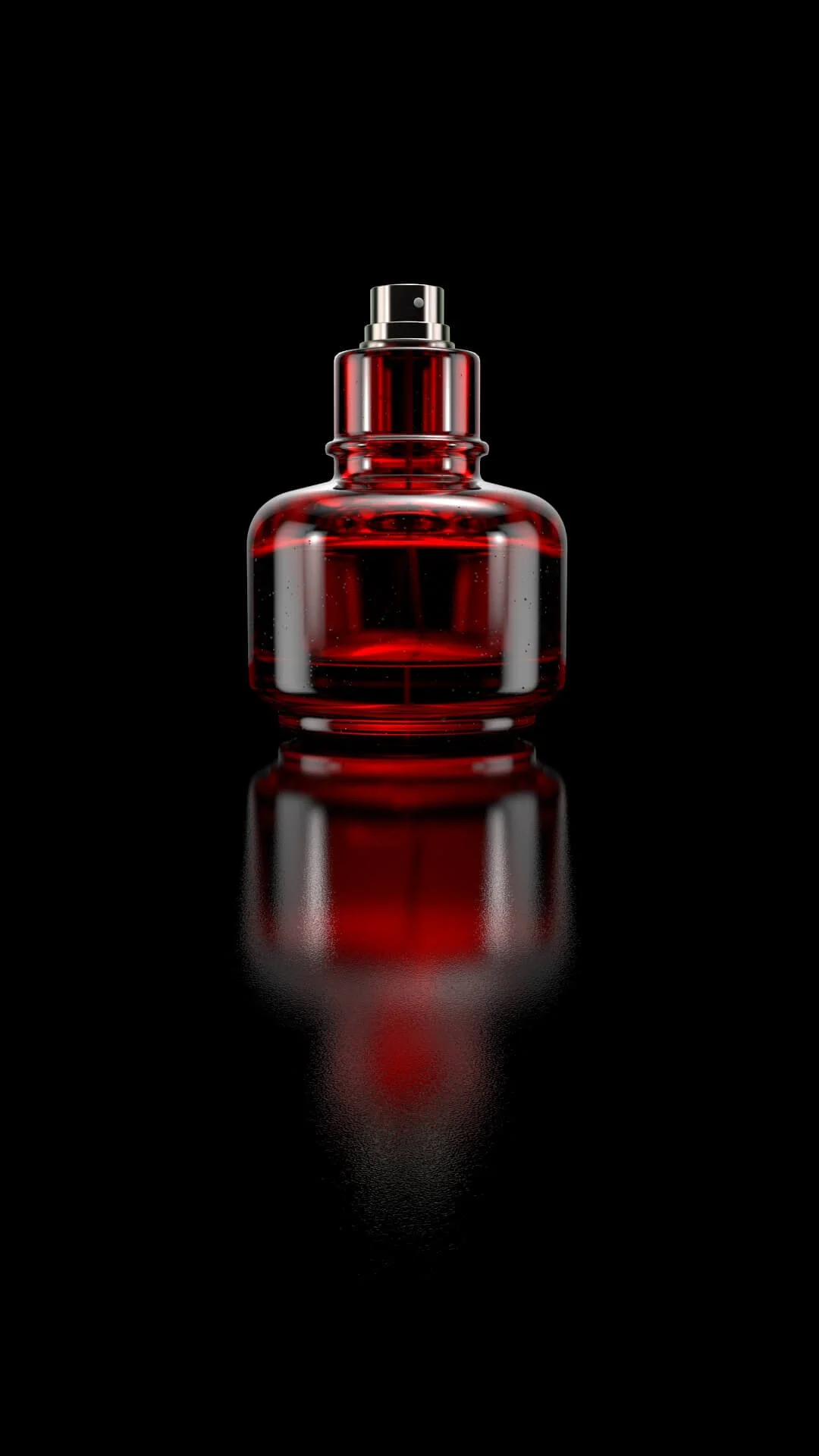 3D render of a rounded glass perfume bottle with caustic highlights and soft shadows.