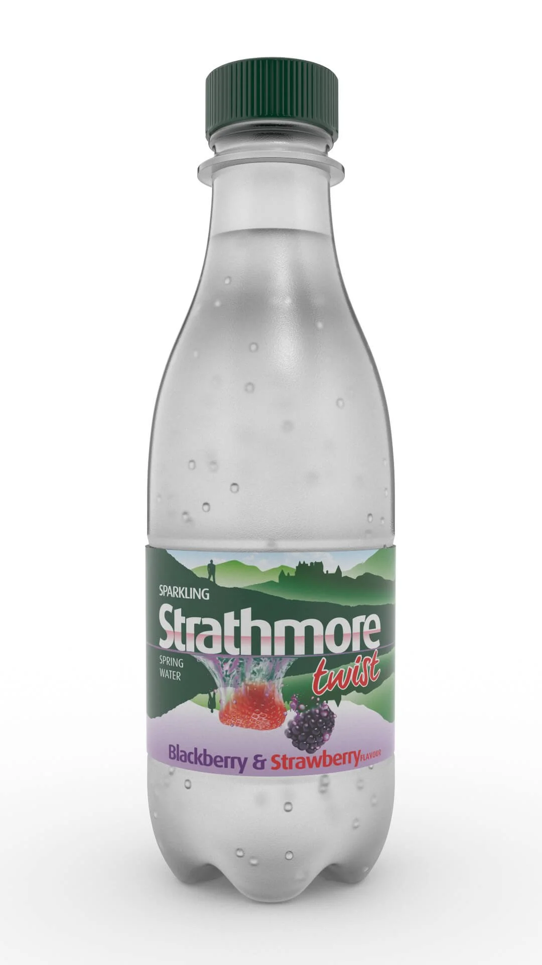 Sparkling Strathmore Blackberry & Strawberry water bottle with no condensation, front view.