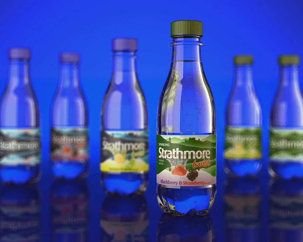 3D Visualising – Strathmore water bottle lineup on reflective blue surface with Blackberry & Strawberry bottle in sharp focus.