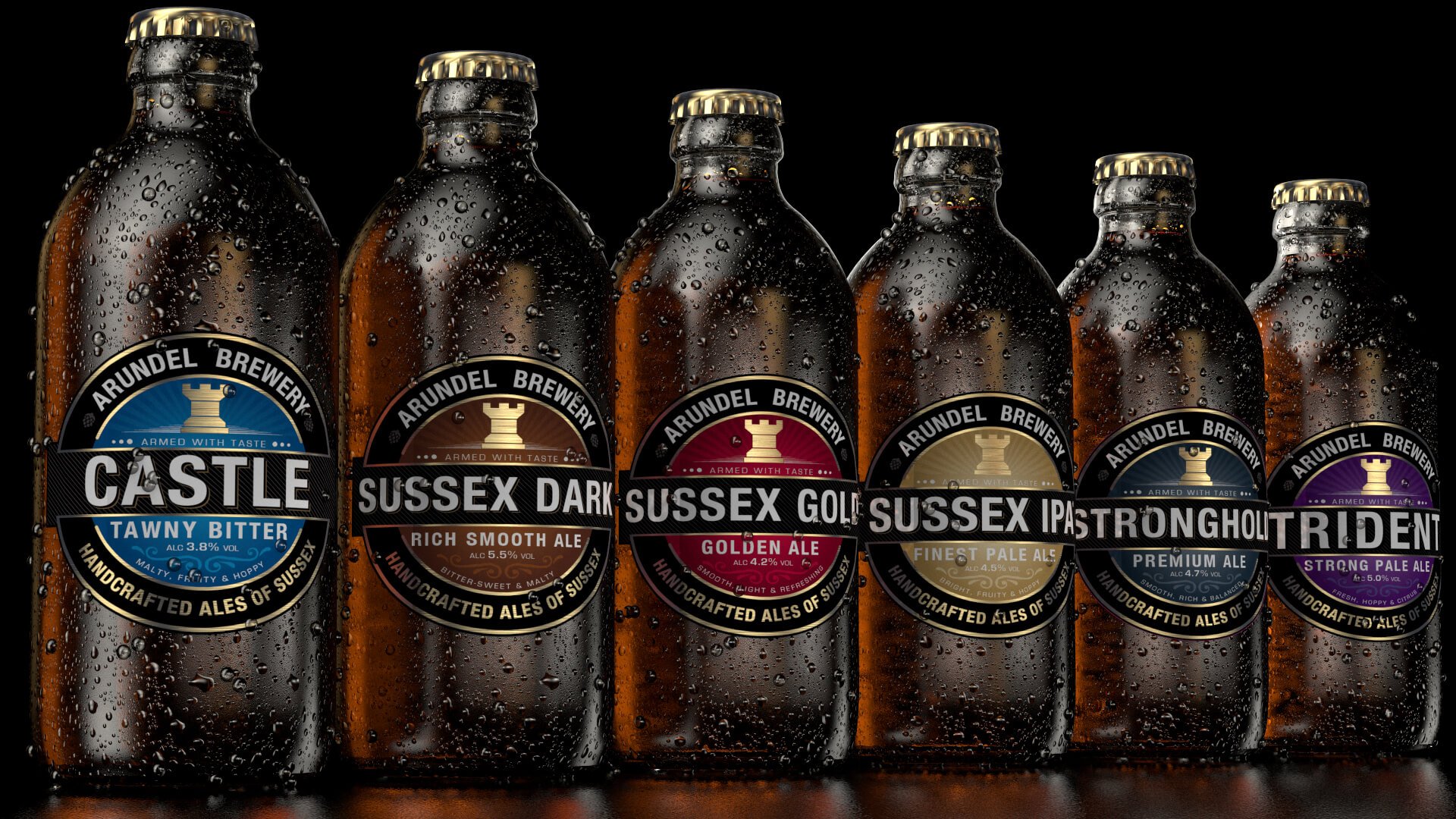 3D render of Arundel Brewery's ale bottle range with condensation effects, showcasing product packaging and label realism.