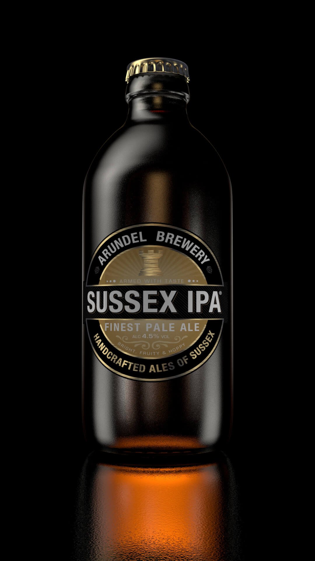 3D Visualising – Photorealistic 3D render of Arundel Brewery Sussex IPA ale bottle on a black background.