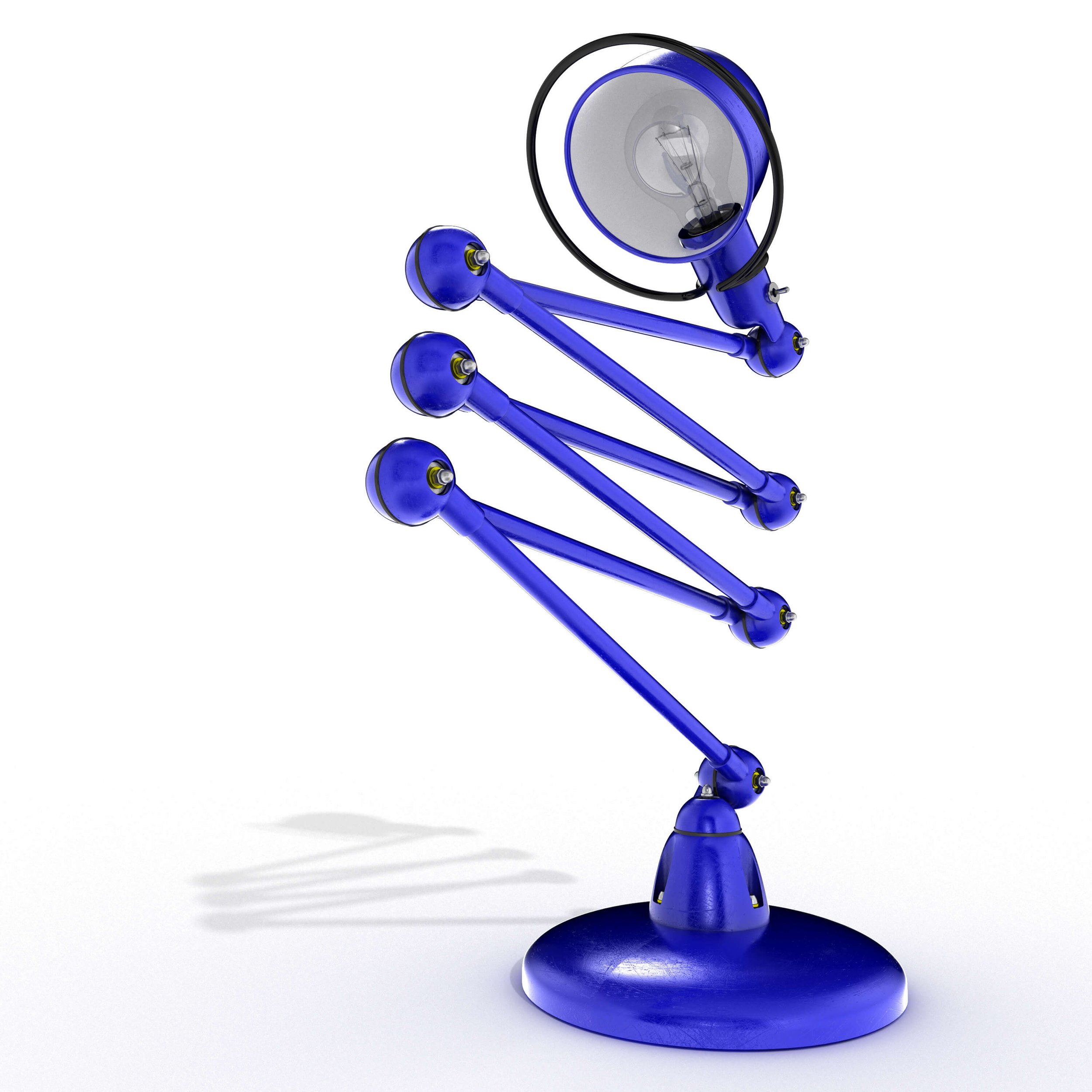 Three-quarter angled view of the Jieldé lamp showcasing shadow play across the metal body and joints.