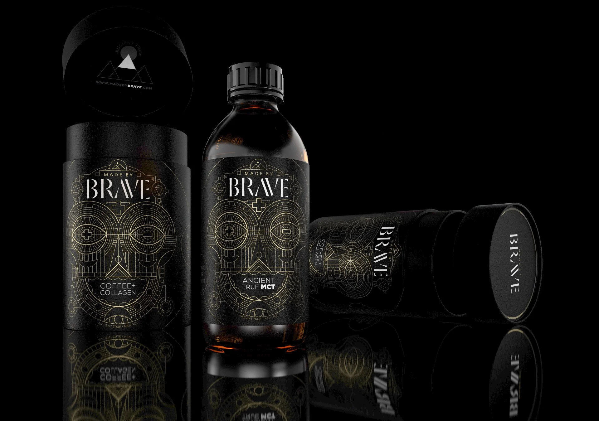 Photorealistic 3D render of Brave liquid supplement packaging, showing a black bottle and open tub with gold line artwork on a dark studio background.