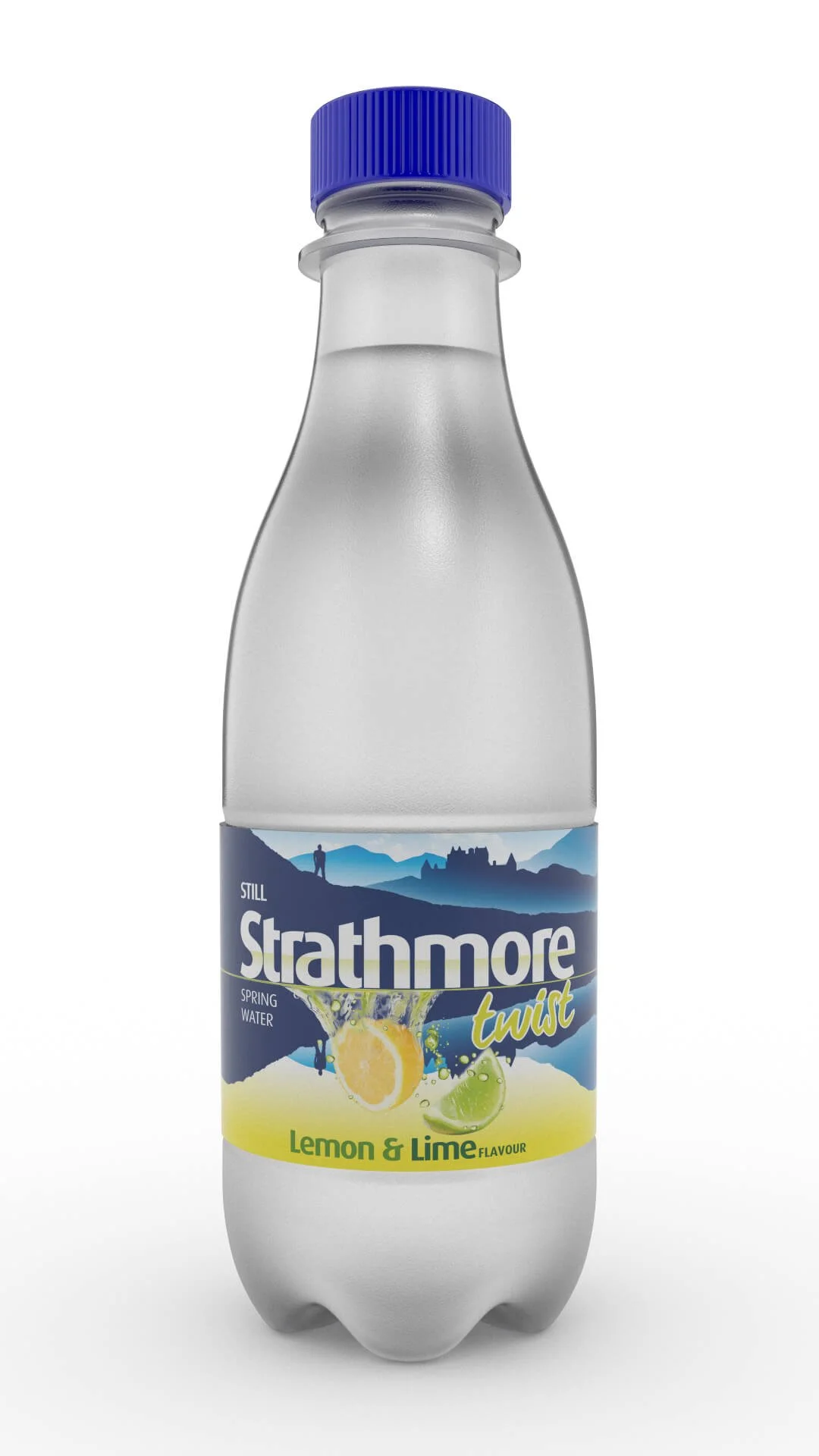 Still Strathmore Lemon & Lime water bottle with no condensation, front view.