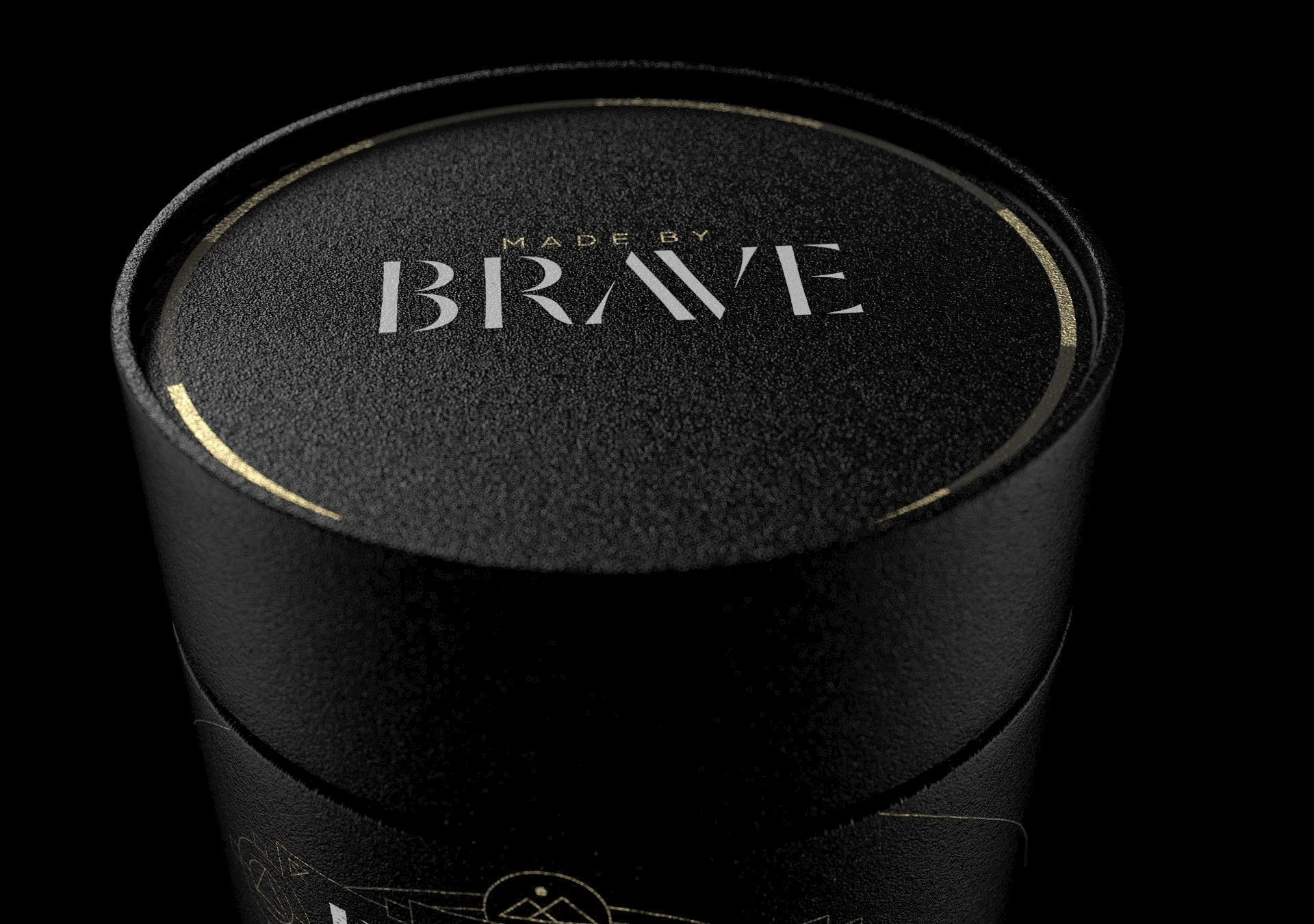 Product 3D render of Brave organic Brazilian Santos coffee in a dark studio, showcasing restrained lighting and paper / foil detailing.