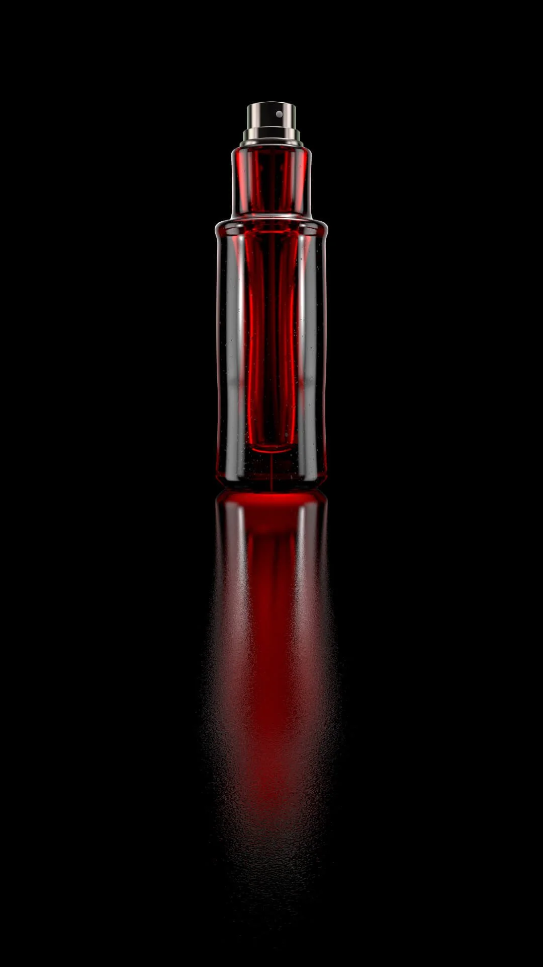 3D render of a rounded glass perfume bottle with caustic highlights and soft shadows.