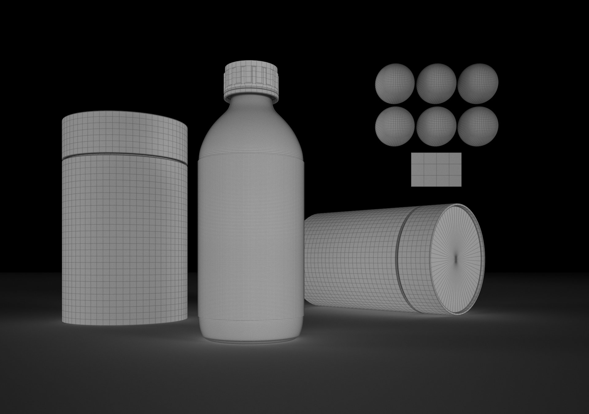 Clay and wireframe view of Brave liquid packaging 3D models, showing bottle and closed tub geometry used for photorealistic packaging visualisation.