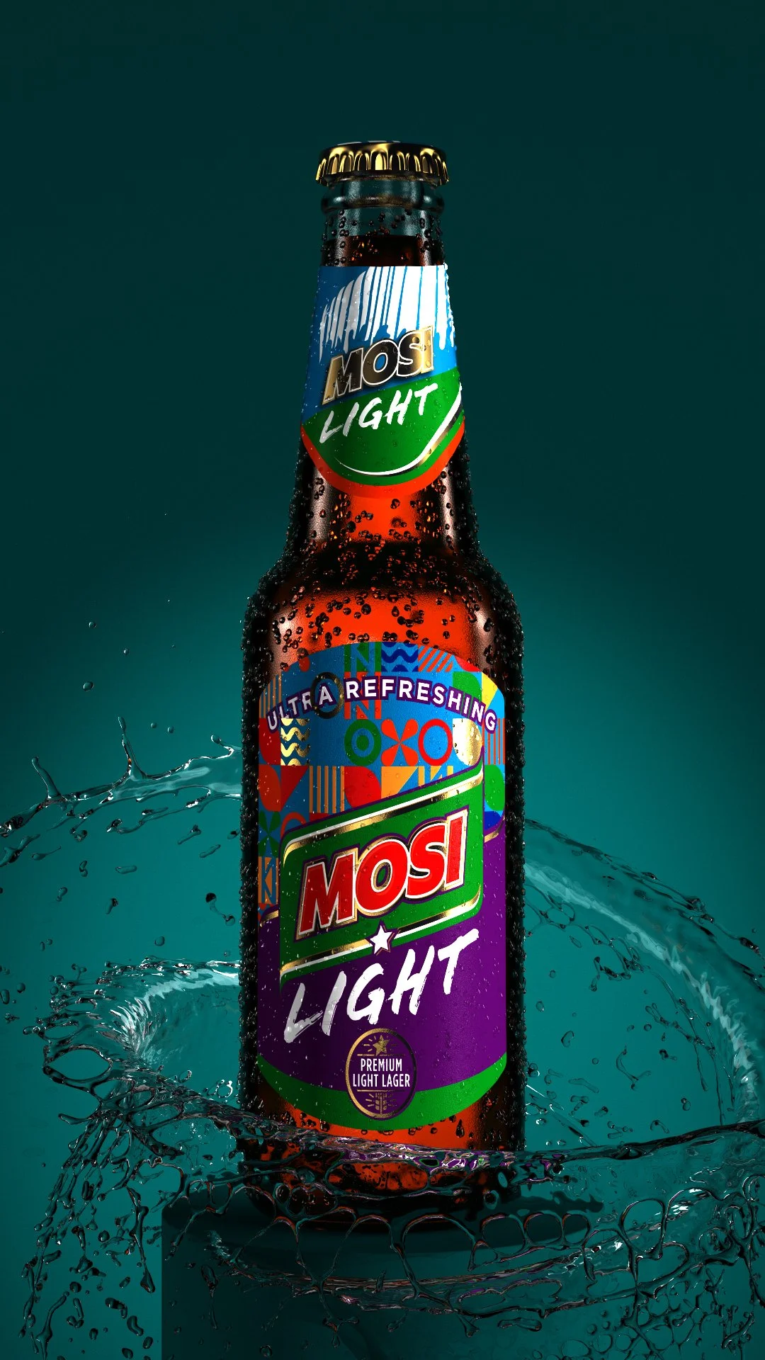 Product 3D render of Mosi Beer bottle on a plinth in a teal studio environment, showcasing packaging design with a splash flourish.