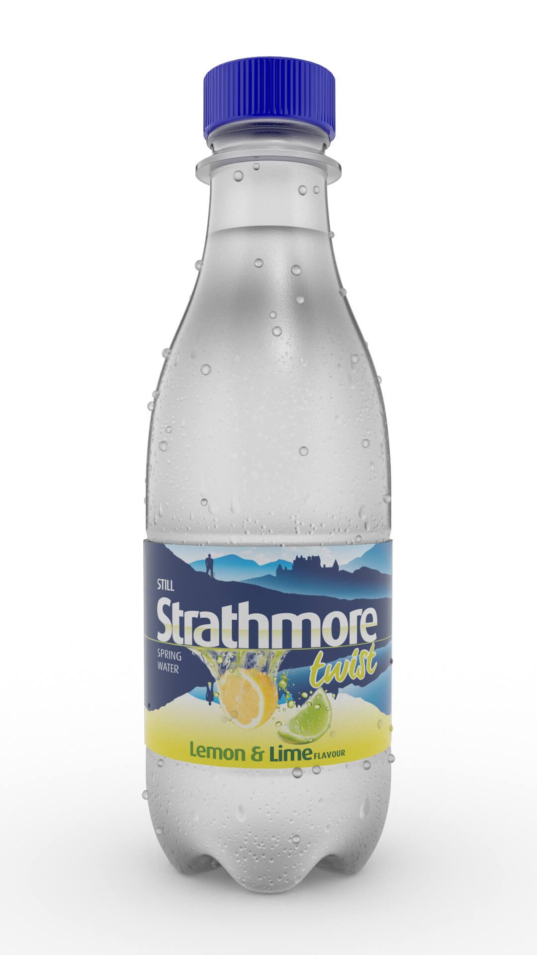 Still Strathmore Lemon & Lime water bottle with condensation droplets, front view.