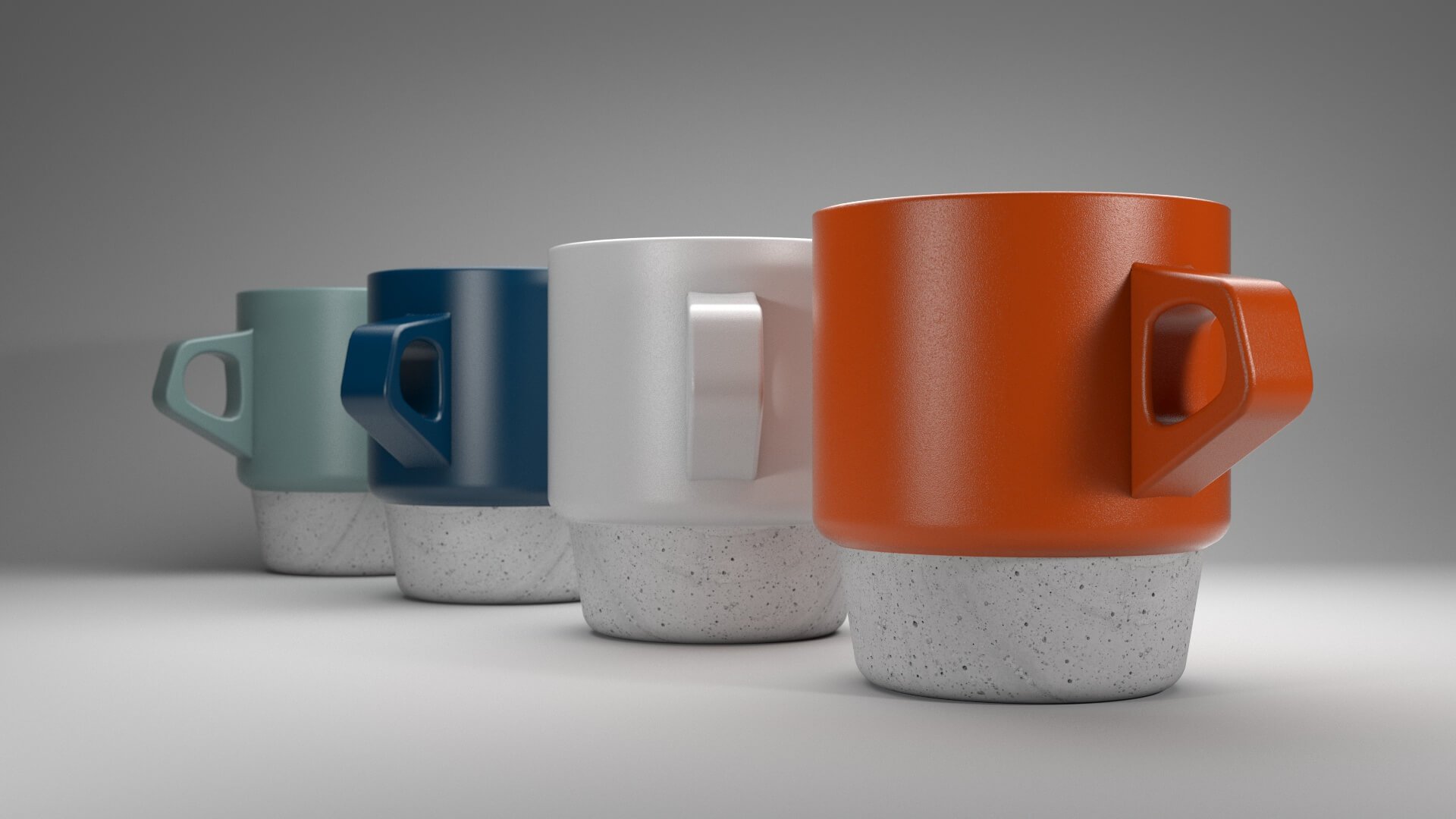 3D Visualising – 3D-rendered image of colourful ceramic mugs arranged horizontally, created for product visualisation and showcase.
