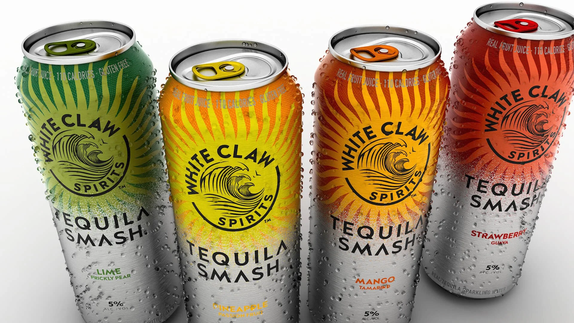Angled top-down 3D render of four White Claw Tequila Smash cans, showing flavour colours on the lids and condensation across the surfaces.