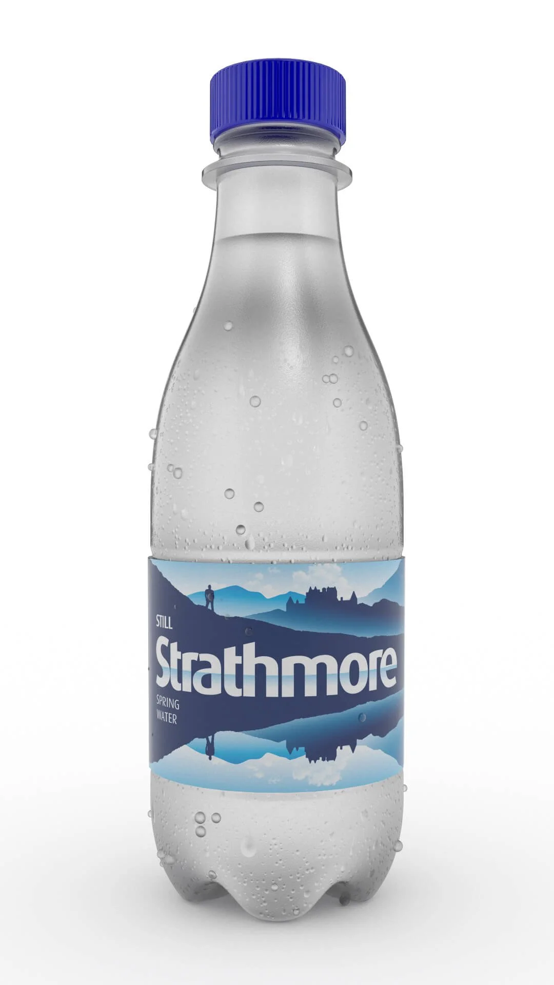 Still Strathmore plain water bottle with condensation droplets, front view.