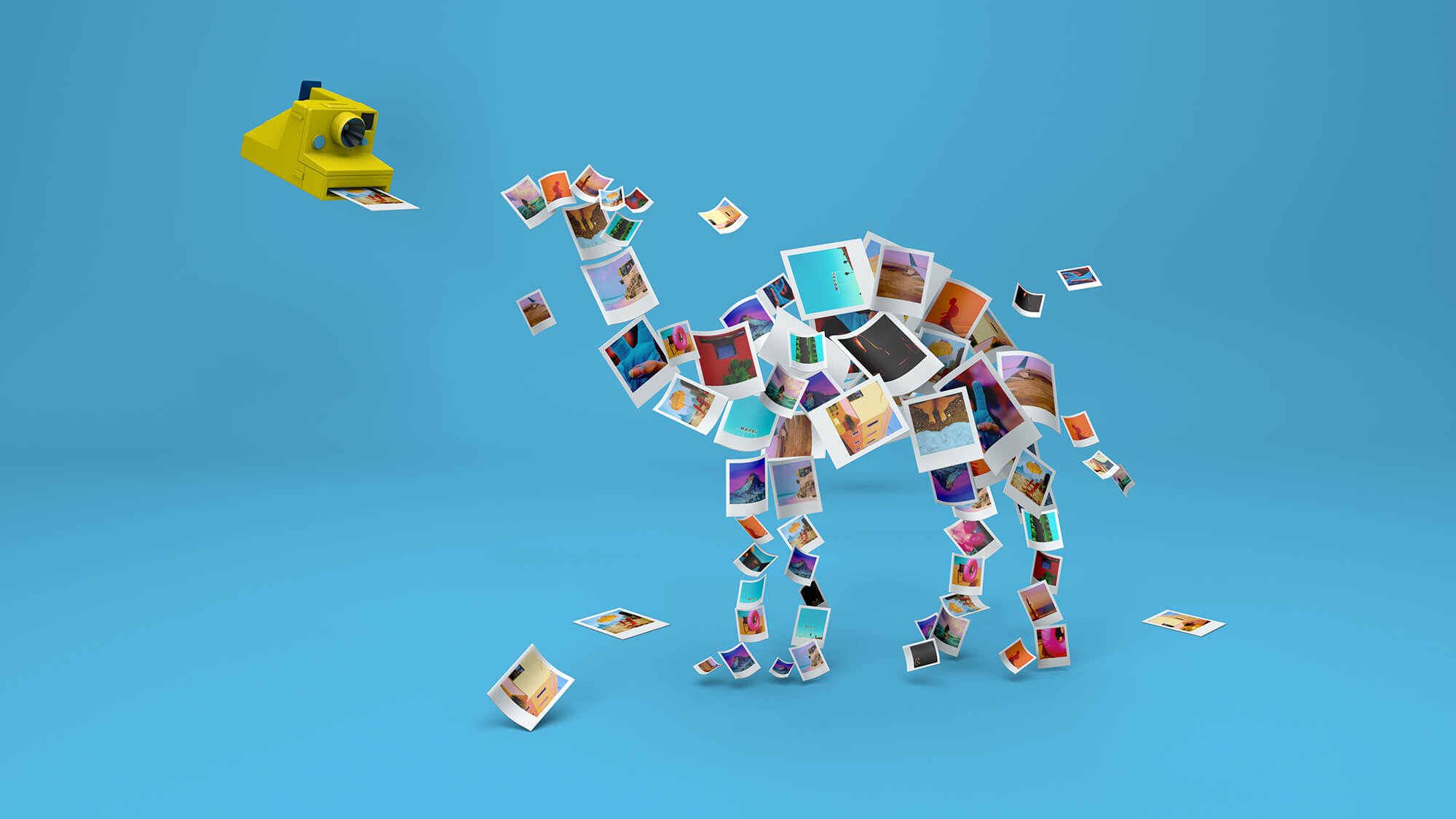 Conceptual 3D visual of a camel formed entirely from floating polaroid-style images, featuring playful composition and bold colour use.