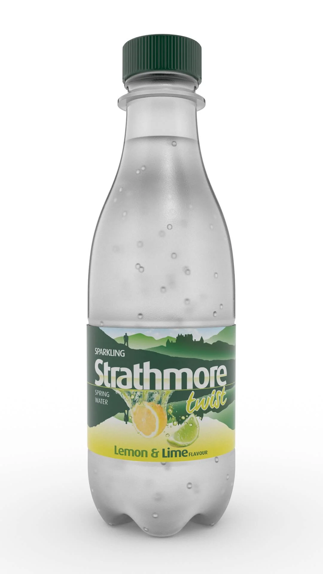 Sparkling Strathmore Lemon & Lime water bottle with no condensation, front view.