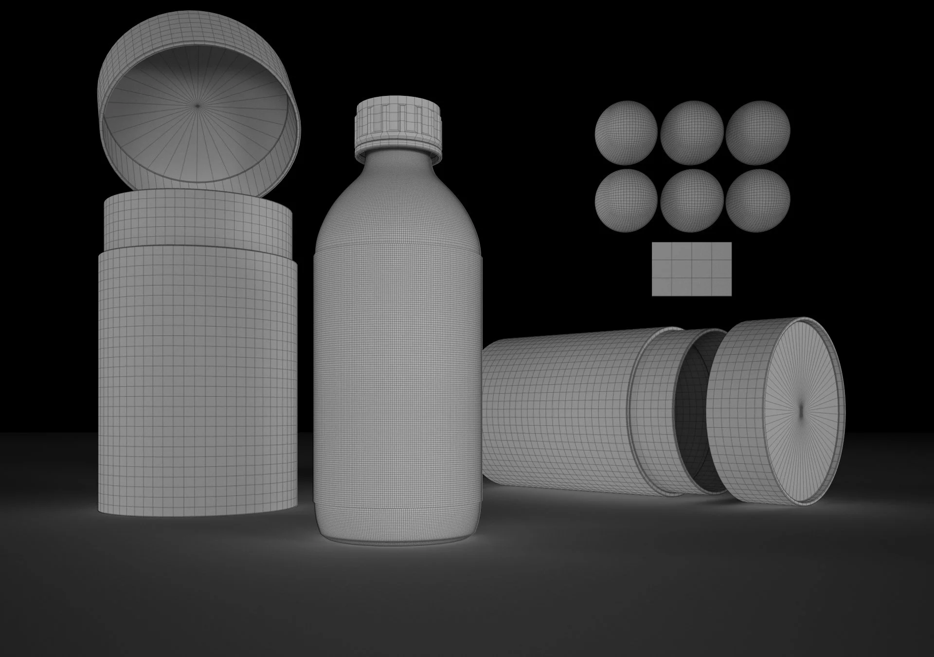 Clay and wireframe view of Brave liquid packaging 3D models, showing bottle and open tub geometry used for photorealistic packaging visualisation.