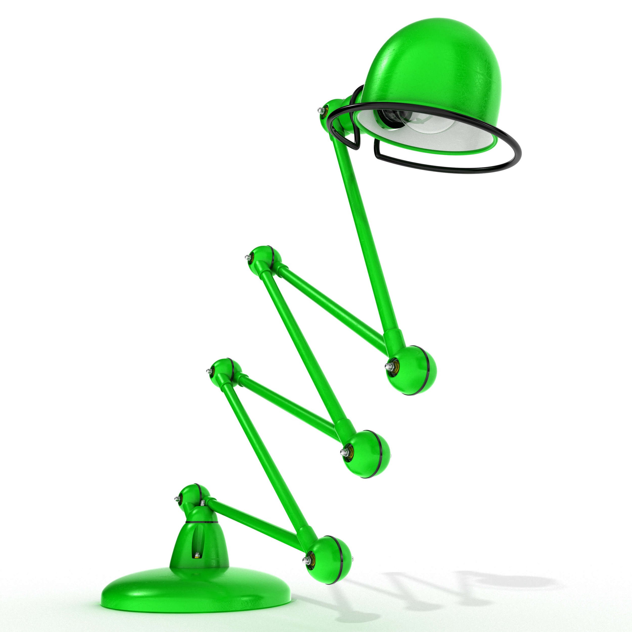 3D render of iconic green Jielde desk lamp in a poised, balanced position against a white background, focusing on product form and pose.