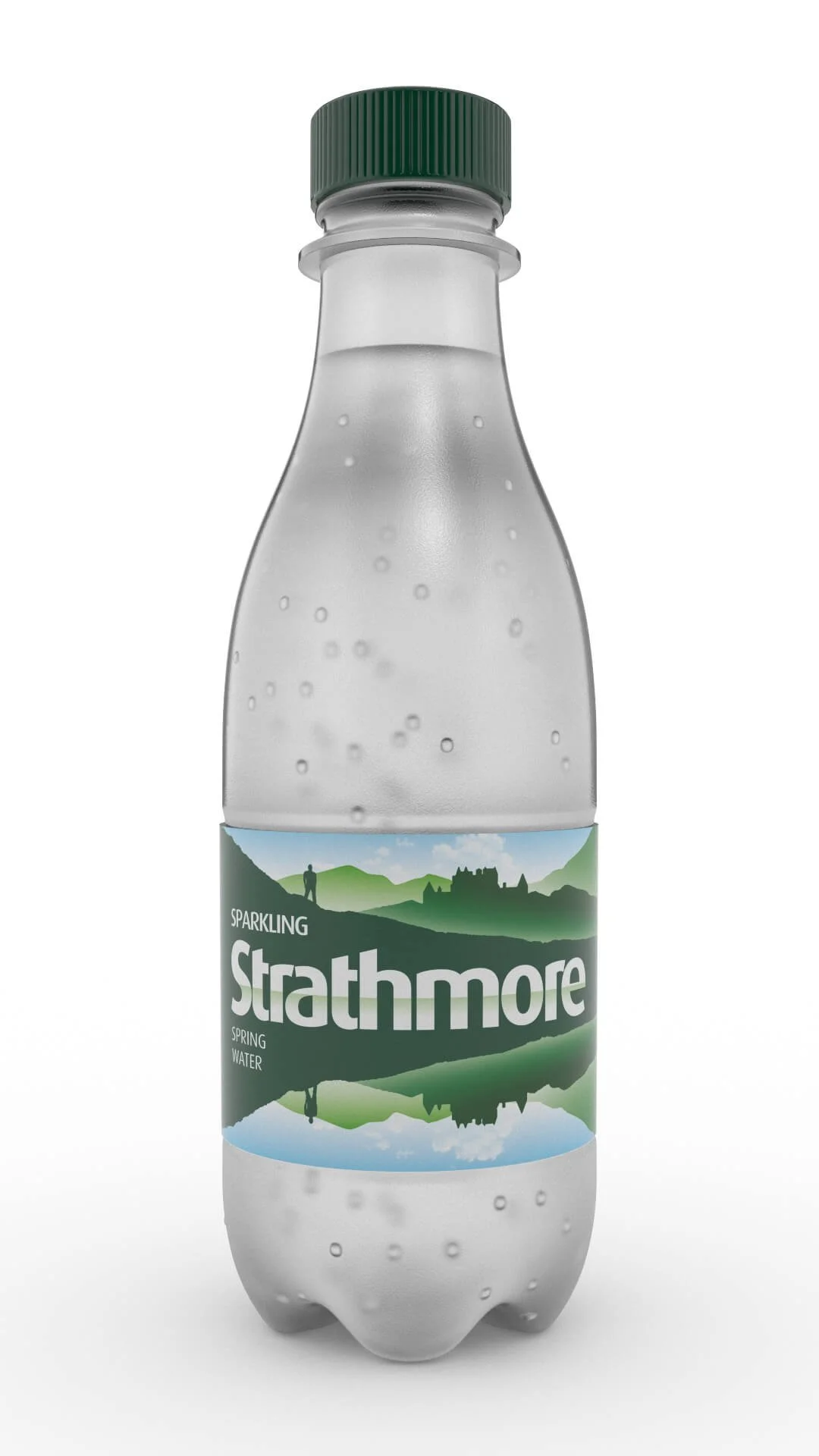 Sparkling Strathmore plain water bottle with no condensation, front view.