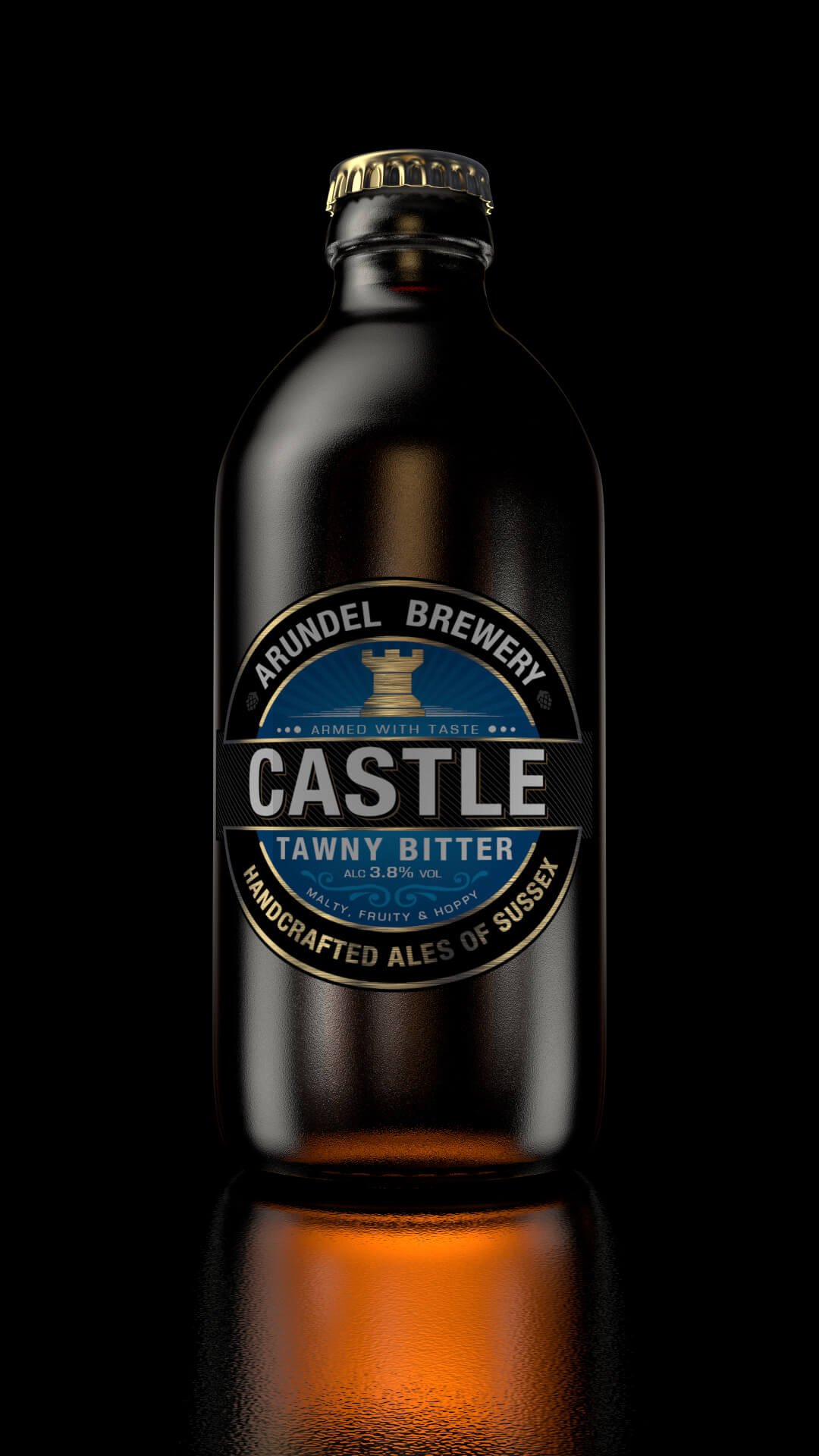 3D Visualising – Clean 3D render of Arundel Brewery Castle ale bottle without condensation, set against a black background.