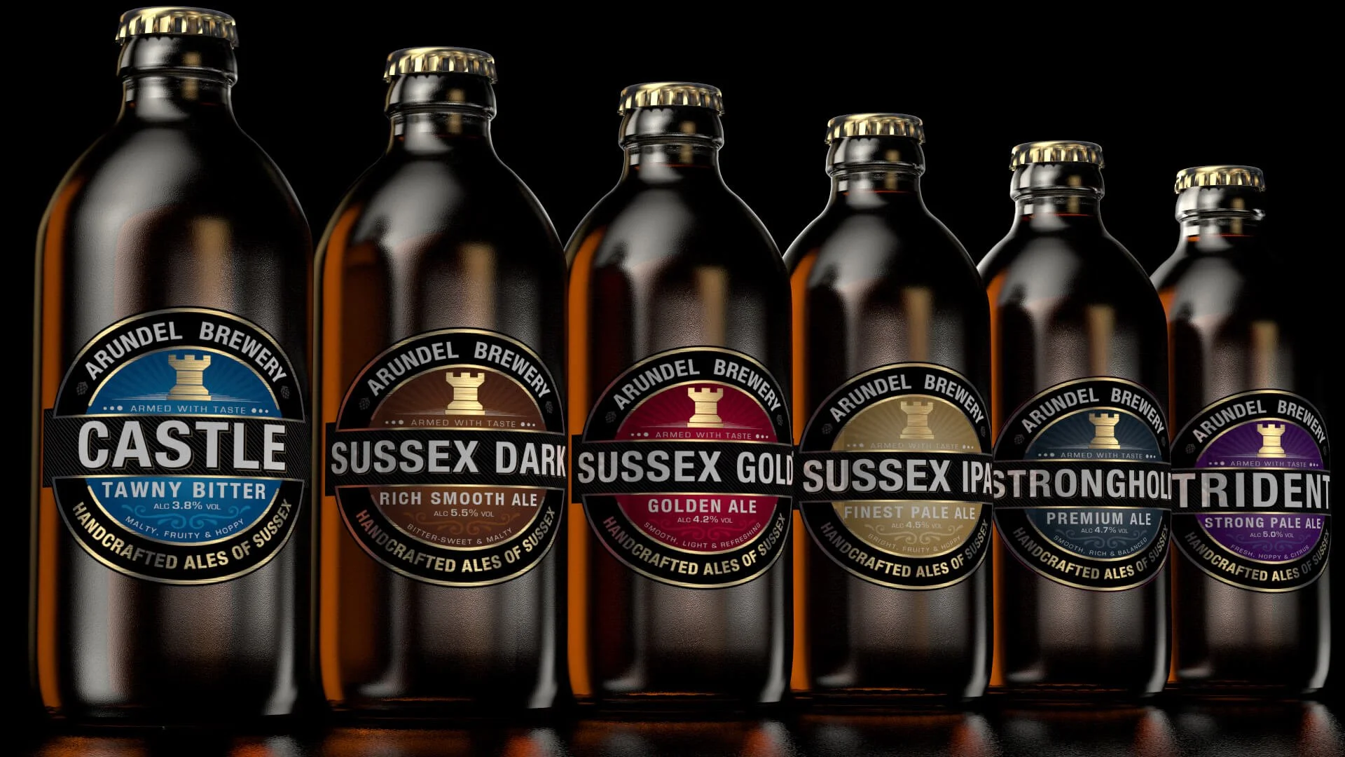 3D Visualising – Clean hero render of Arundel Brewery ale bottle lineup without condensation for a polished presentation-style visual.