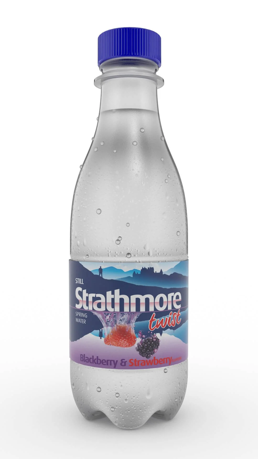 Still Strathmore Blackberry & Strawberry water bottle with condensation droplets, front view.