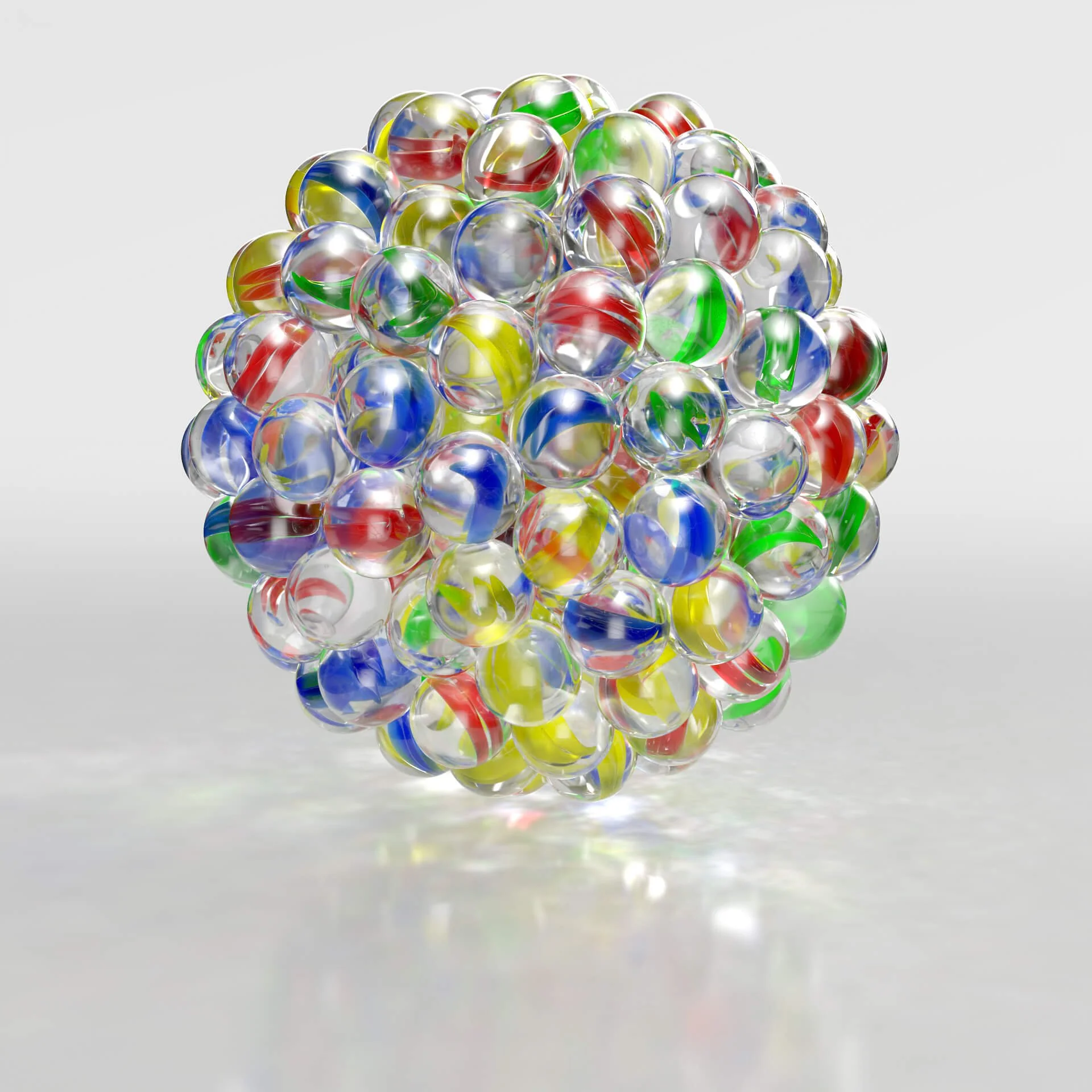 Photorealistic render of a spherical cluster of multicoloured glass marbles with visible light caustics on a white reflective surface.
