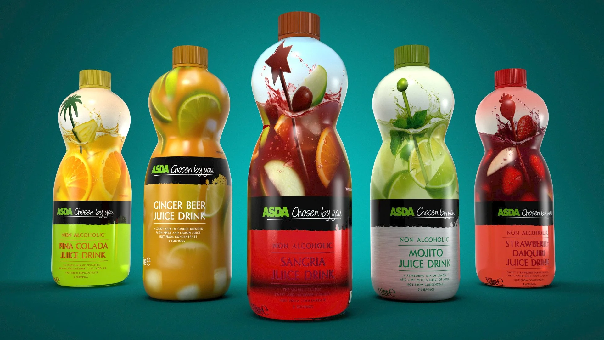 Product 3D render of ASDA drinks range line up,, emphasising flavour variants, branding, and shrink wrapping against a teal background.