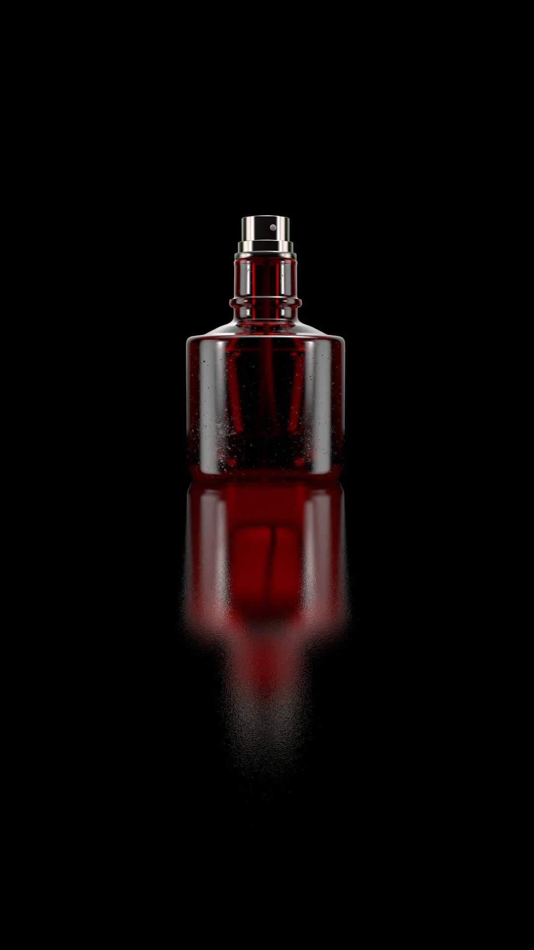 3D render of a rounded glass perfume bottle with caustic highlights and soft shadows.