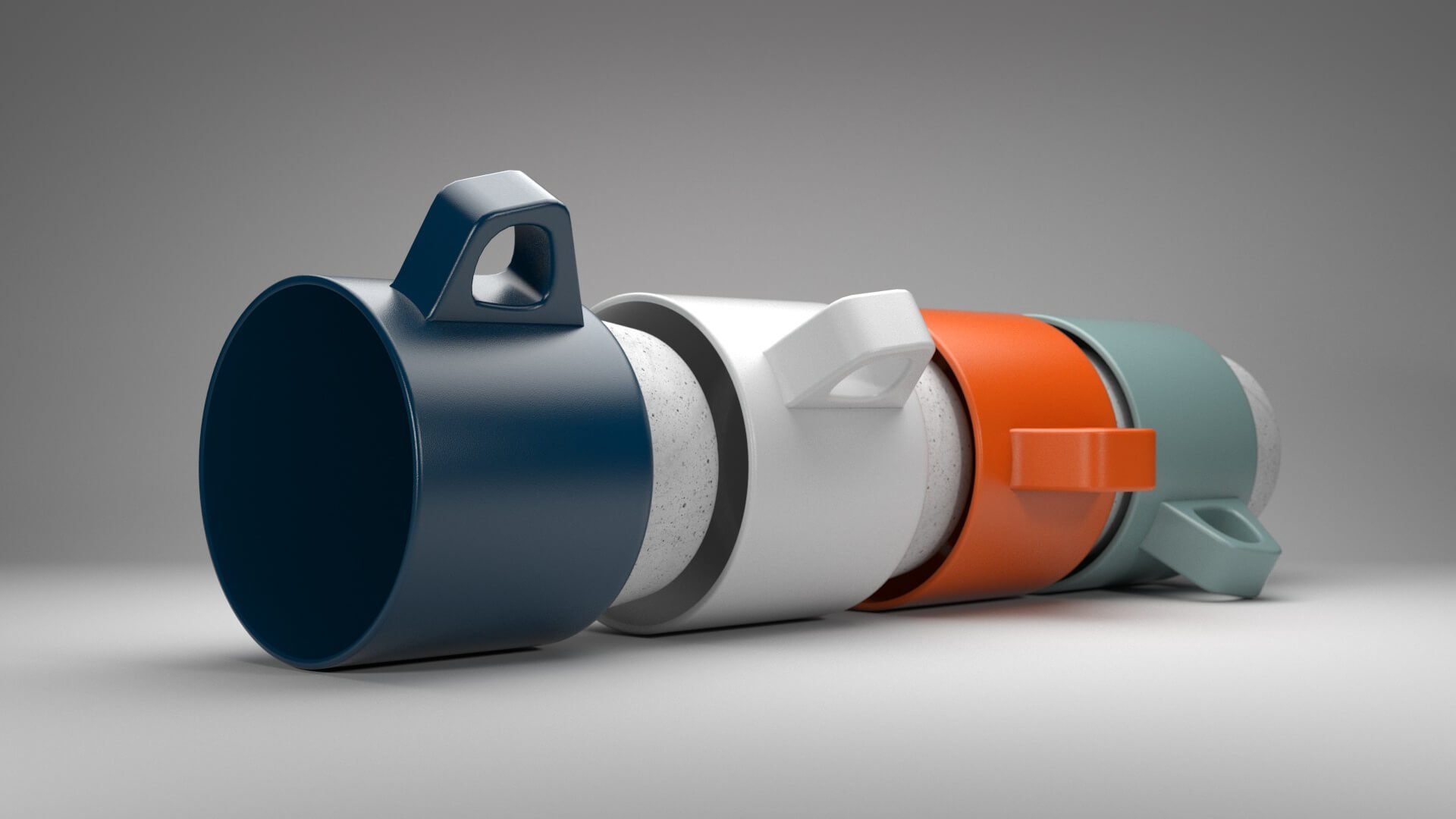 3D Visualising – 3D-rendered image of stacked ceramic mugs created for product visualisation and presentation purposes.