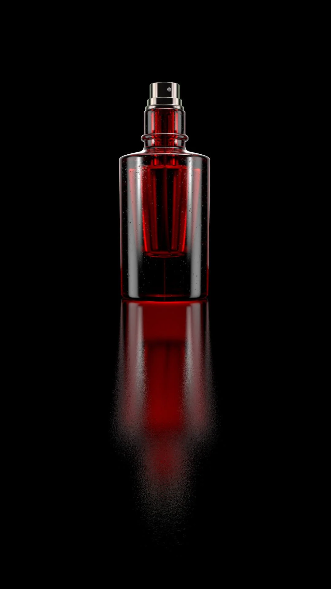 3D render of a rounded glass perfume bottle with caustic highlights and soft shadows.