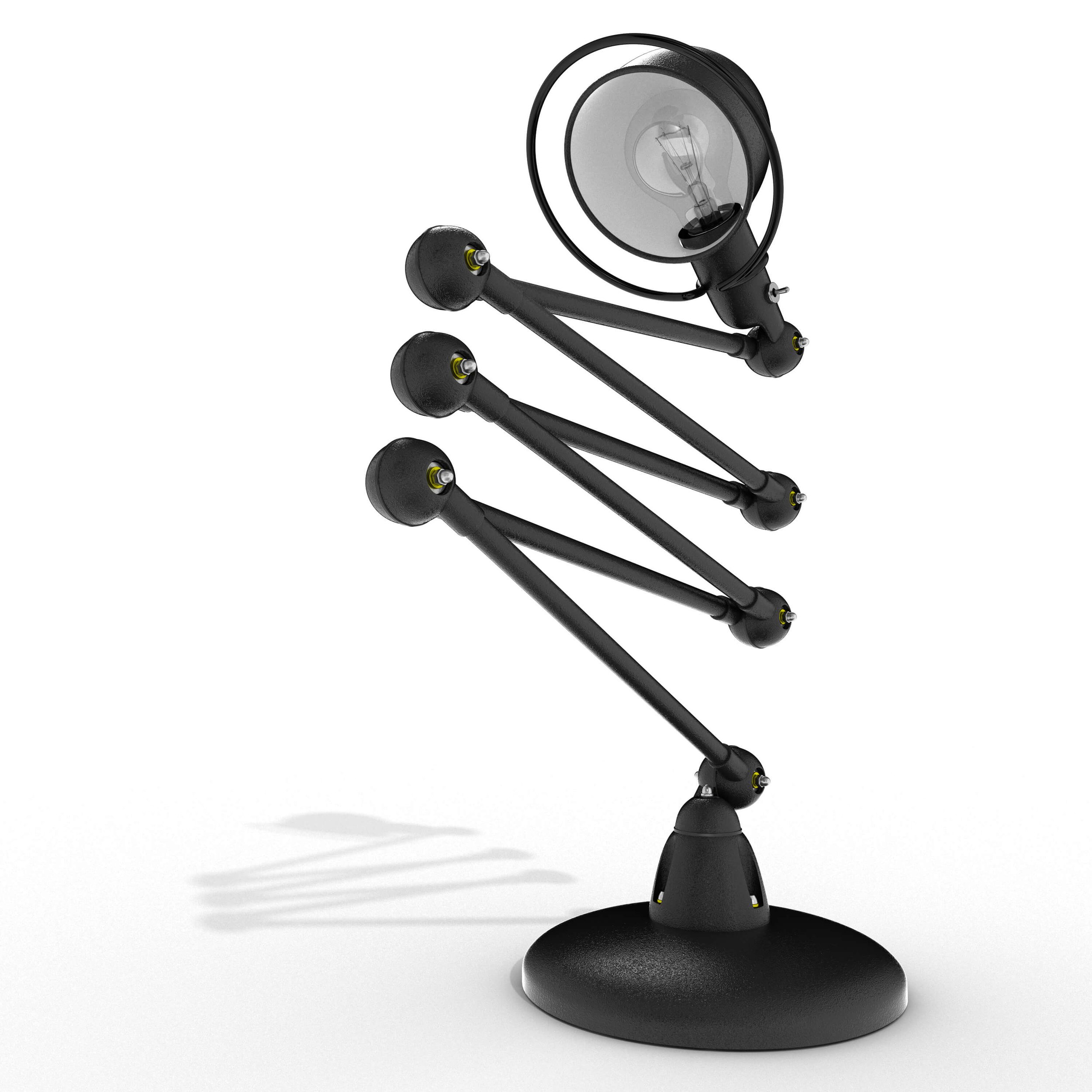 Three-quarter angled view of the Jieldé lamp showcasing shadow play across the metal body and joints.