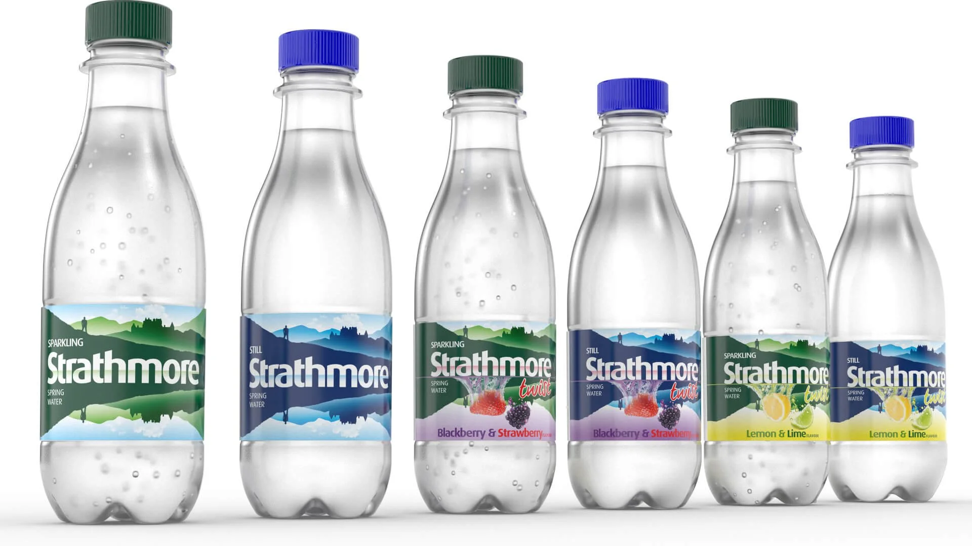 3D Visualising – Strathmore spring water and flavoured twist bottles lined up against a white background for product showcase.