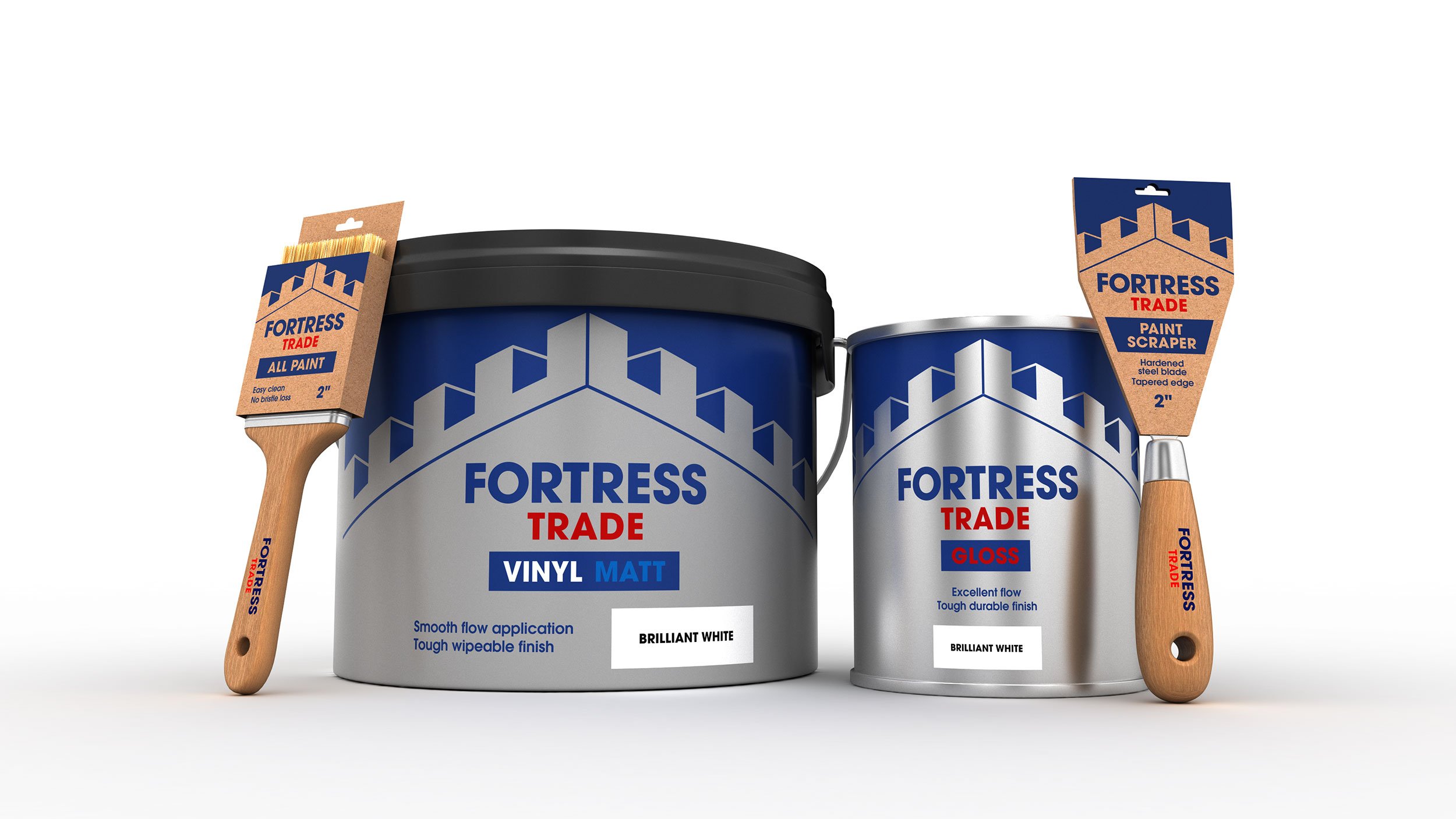 3D render of Fortress Trade paint range featuring vinyl matt and gloss finishes in brilliant white, shown with wooden-handled paintbrush and paint scraper.