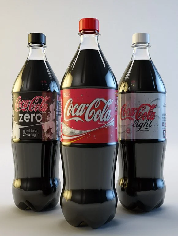 Product 3D render of Coca-Cola bottle variants including Zero, Classic, and Light, showcasing label design, cap contrast, and product consistency.