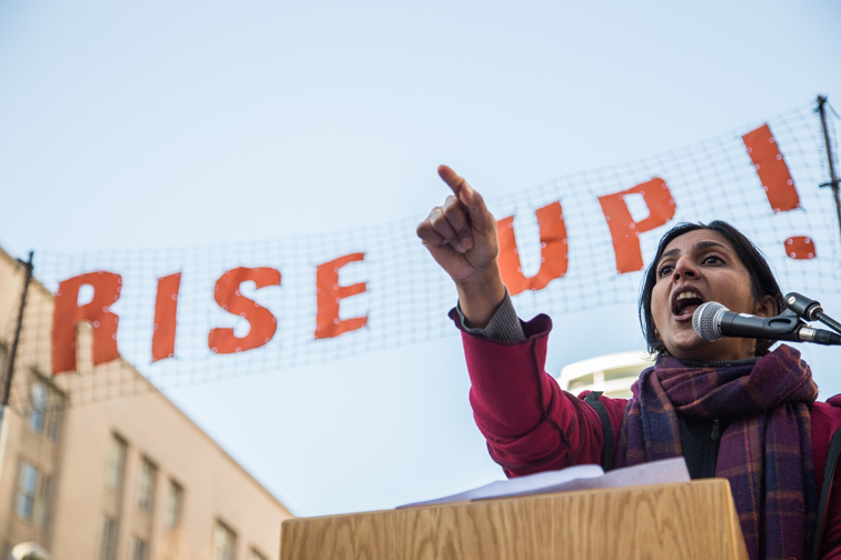 Seattle City Council Member Kshama Sawant Speaks to a crowd gathered at Westlake plaza in Downtown Seattle.