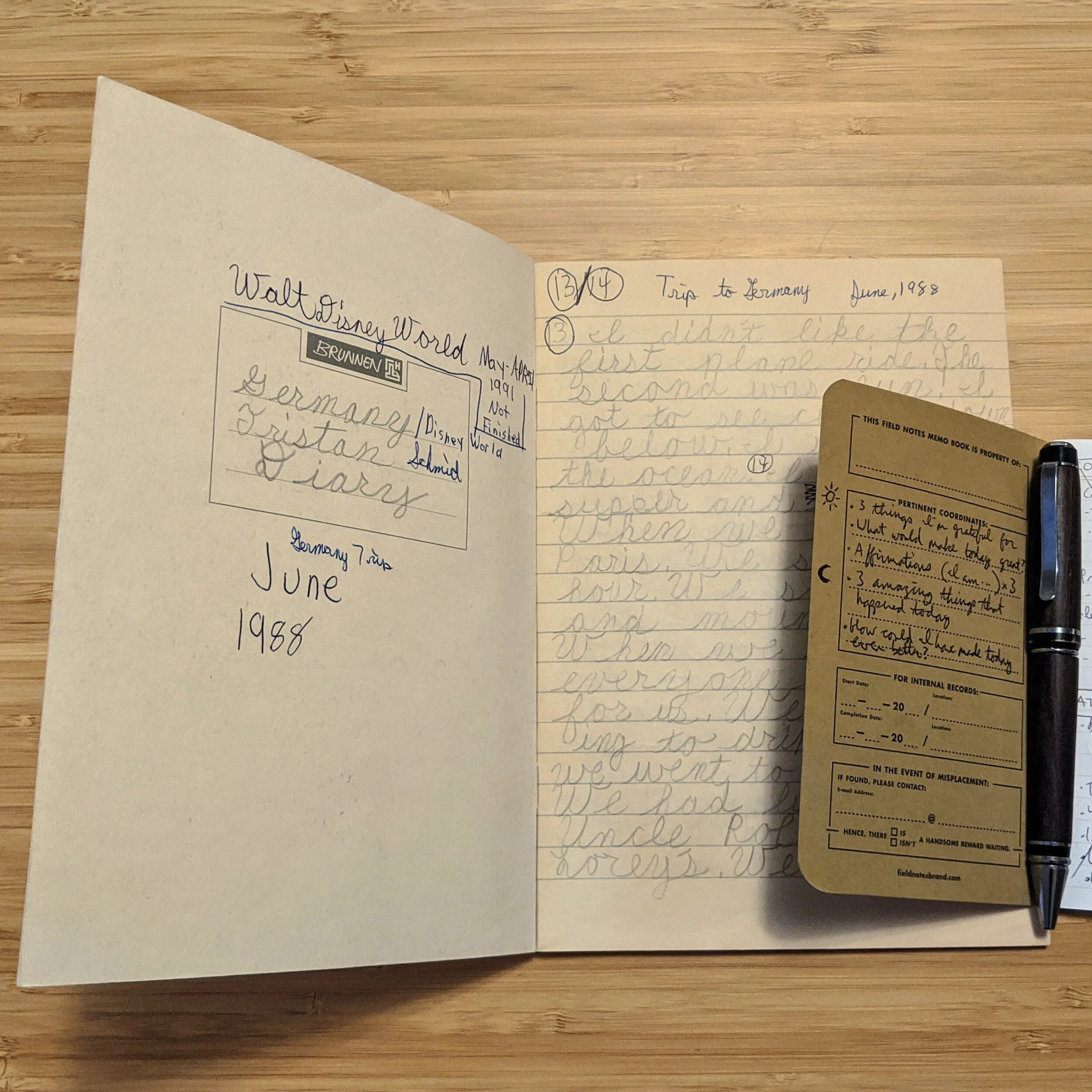 My first journal (left), my most recent gratitude journal, (with daily prompts), and my favorite pen, heavy and handmade by a local woodworker.