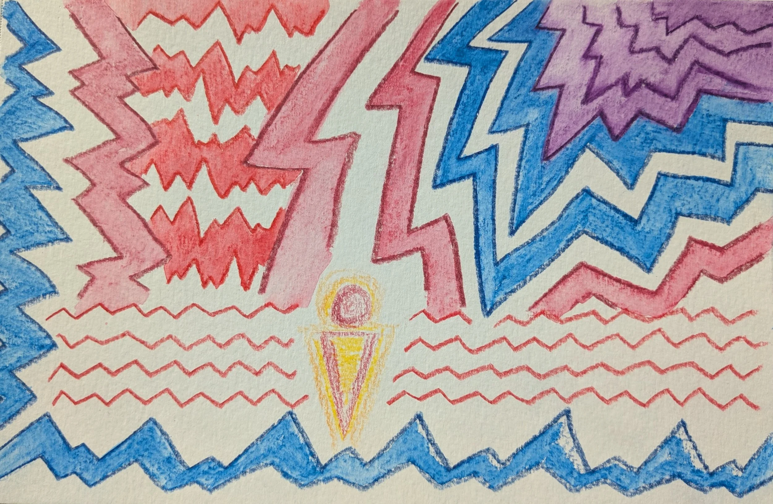 Watercolor drawing of a figure standing amongst jagged waves