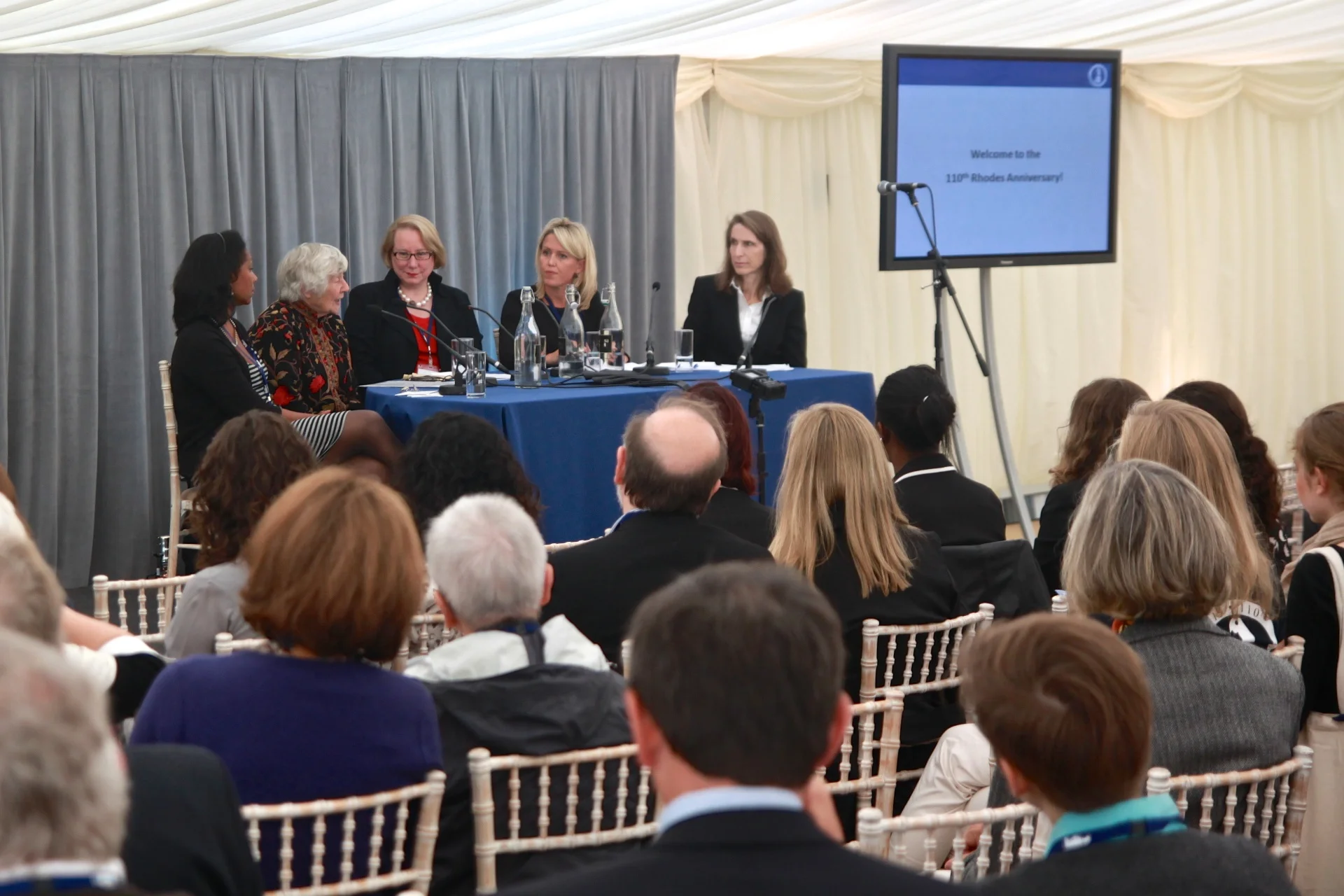 Panelists Karen Stevenson, Dame Shirley Williams, Ann Olivarius, Jennifer Robinson, Michele Warman. Photographed by Honza Cervenka.
