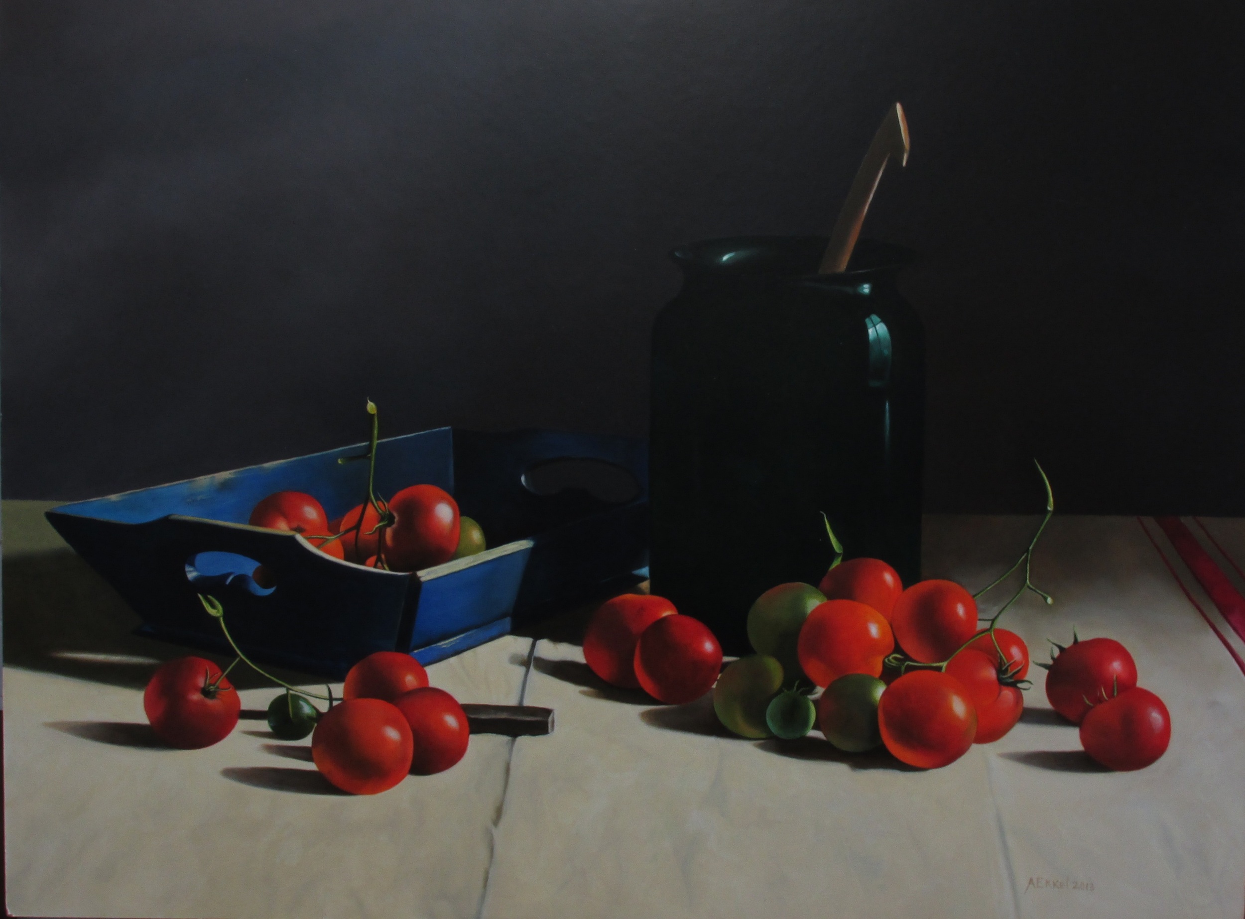 Stilleven met tomaten, olieverf op masonite (paneel) 80x60 cm