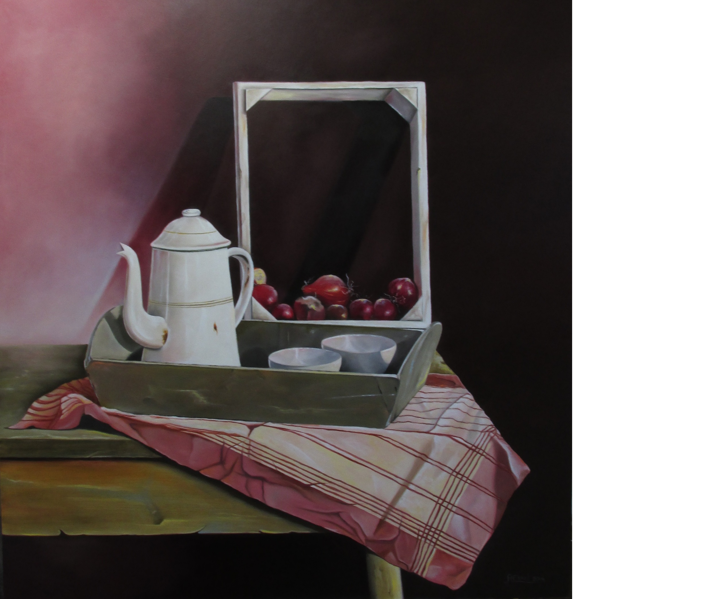 Stilleven met koffiekan en rode uien - olieverf op masonite (paneel) 64x60 cm