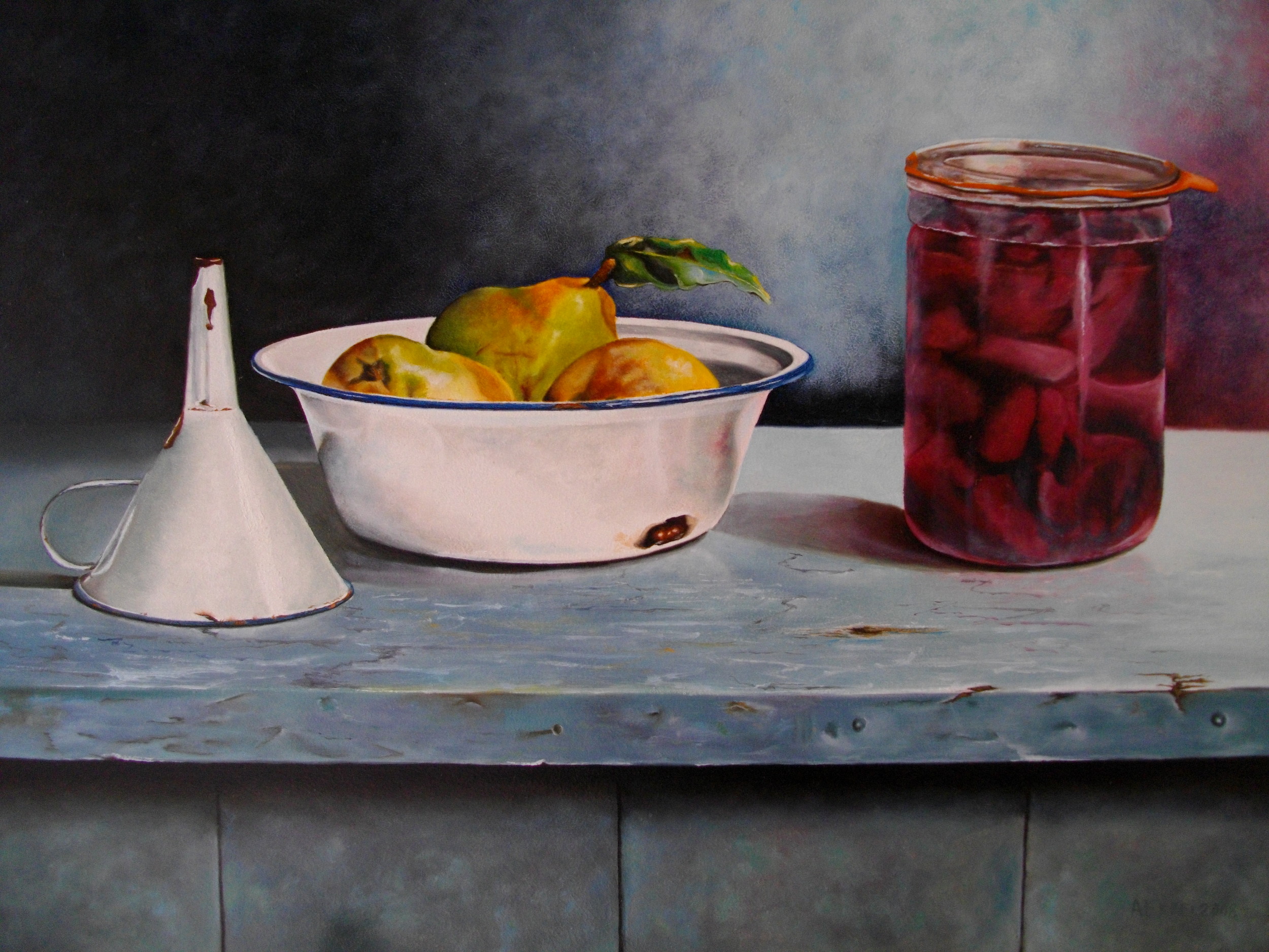 Stilleven met peren, olieverf op masonite (paneel) 60x50 cm