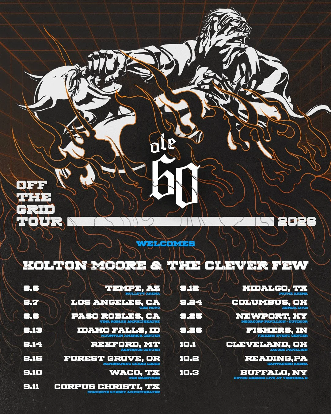 Tour poster for the upcoming Off the Grid Tour with Ole 60 and Kolton Moore & the Clever Few