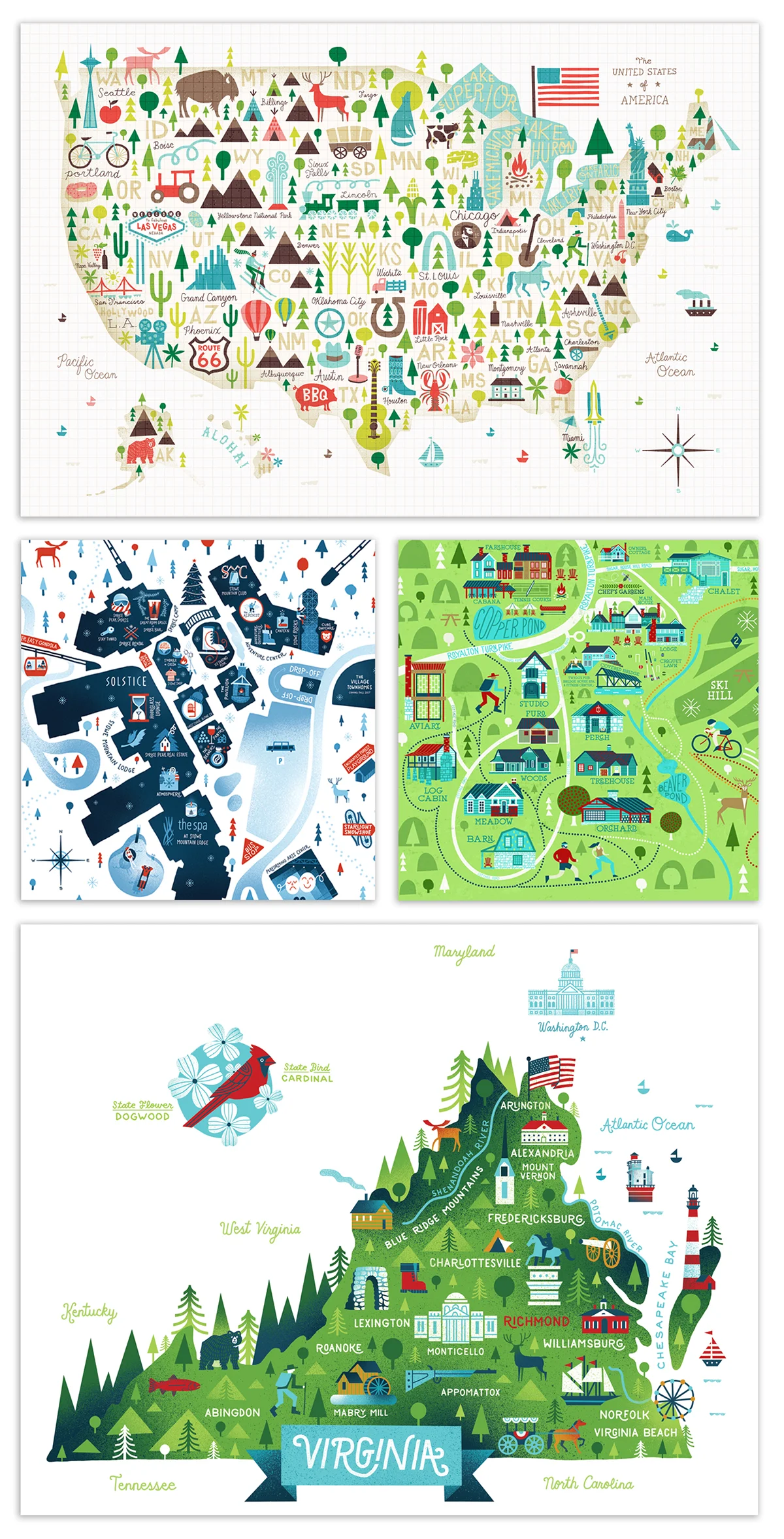 Top: Illustrated USA for Wild Apple, VT Middle Left: Spruce Peak at Stowe + HMC Advertising, VT Middle Right: Twin Farms Resort, VT Bottom: Illustrated Map of Virginia, Hallmark, MO