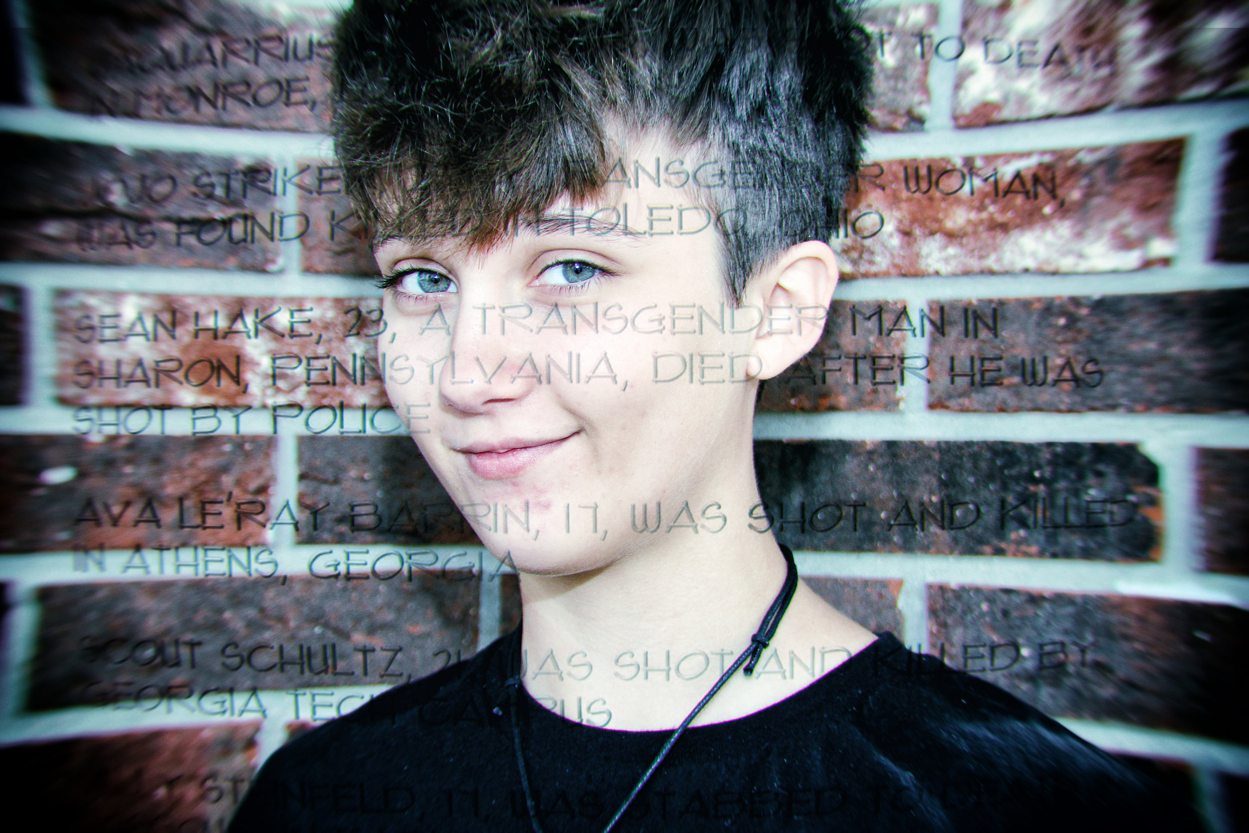 Alex – 17 – Trans Boy High School Student Loves to draw and create digital art. Likes music – heavy metal. Wants to make his own comic. “I want to be treated like all other students.”